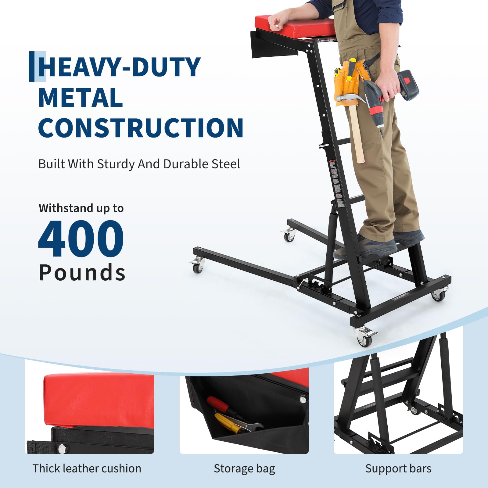 Garvee Automotive Engine Creeper, Heavy-Duty Foldable Steel Frame with Adjustable Height (45.7"-66.3"), Padded Deck, 6 Wheels, and 400 lbs Capacity for Auto Repair, Black, Parallel Base