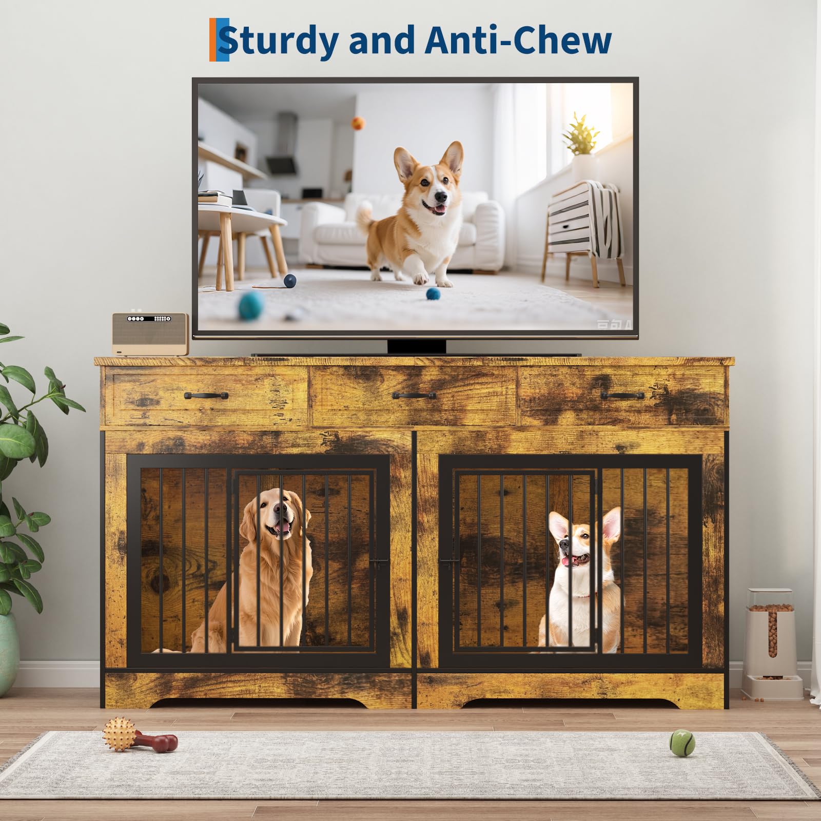 Garvee 71" Dog Crate Furniture for 2 Dogs, Heavy Duty Double Dog Kennel with 3 Drawers, Extra Large Furniture Style Indoor Dog Crate Table TV Stand  for Medium/Large Dogs, Brown