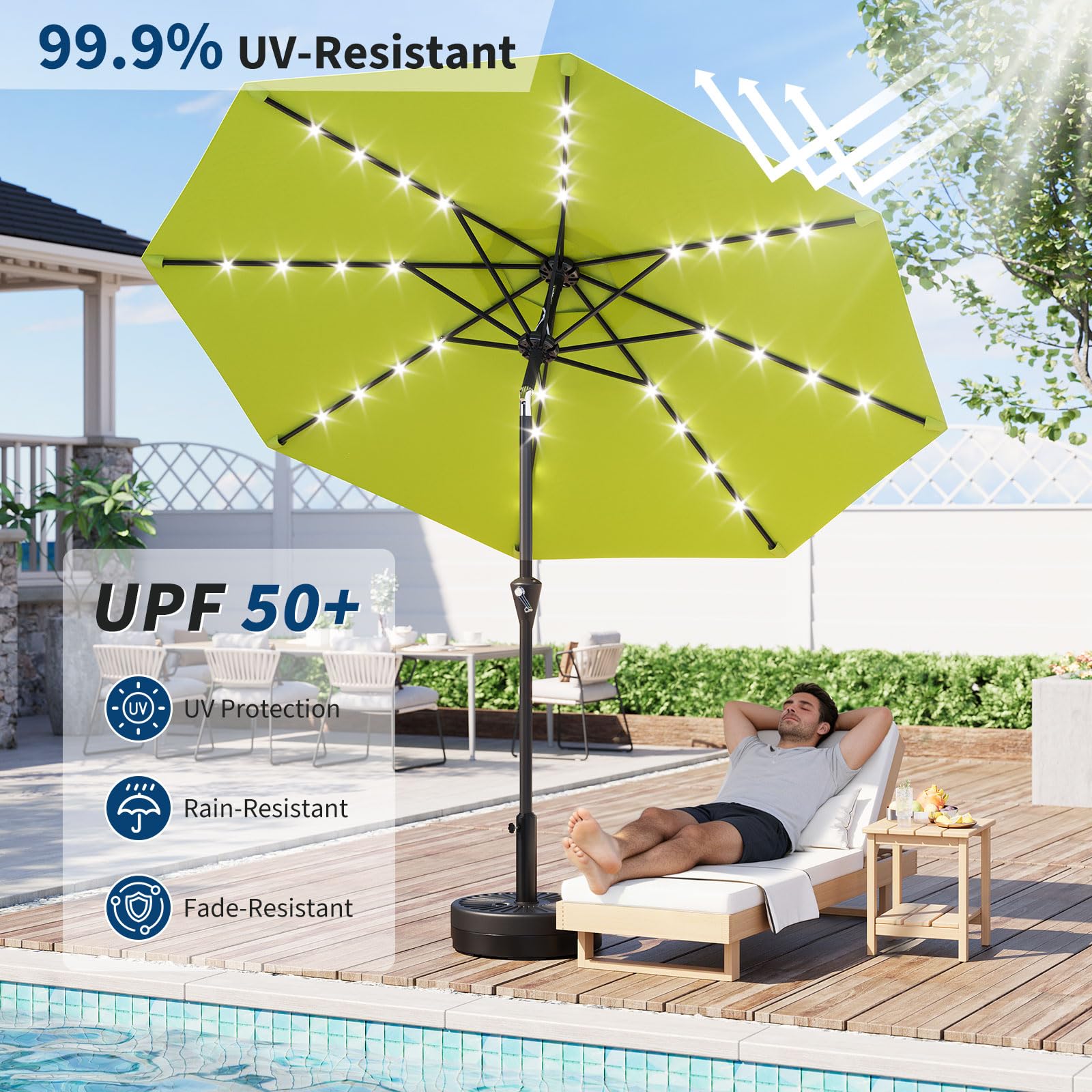 Garvee 10 ft Solar Patio Umbrella with 32 LED Lights, Outdoor Market Umbrella with Crank Lift & Tilt, UV-Resistant Canopy for Pool, Garden & Backyard, Apple Green