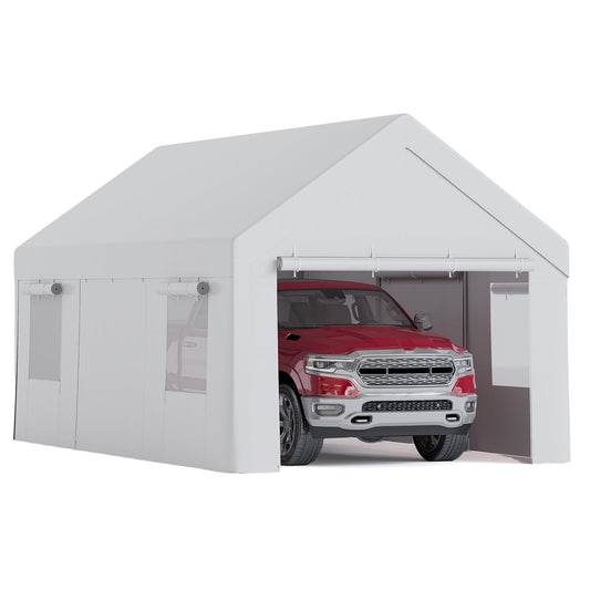 Garvee Portable Carport, 10 x 20 FT White Vehicle Shelter with Galvanized Steel Frame, 4 Roll-Up Doors and 4 Vent Windows for Cars, Trucks and Boats
