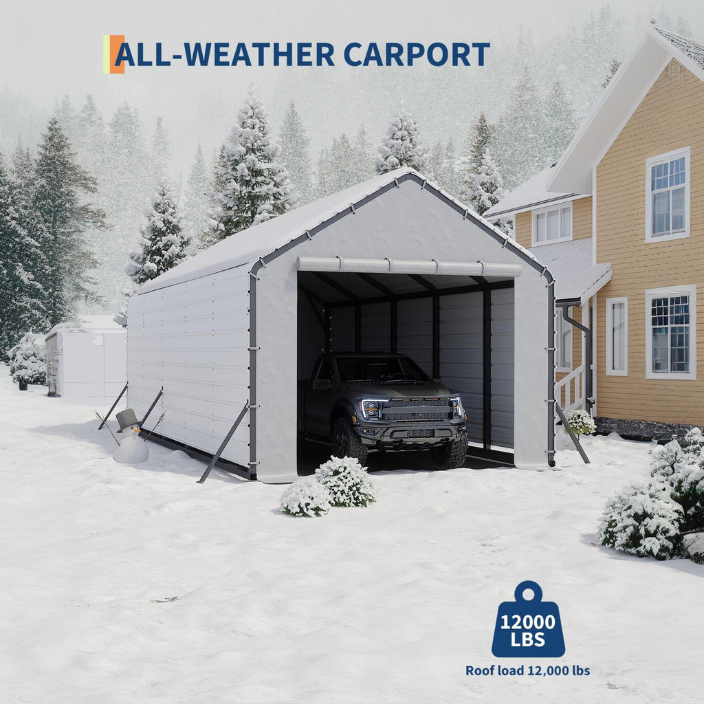 Garvee Carport Replacement Door Panel, 13 FT Wide 220 GSM Polyethylene Tarp with Zippered Door, 110° Roof Angle, UV-Resistant White End Panel for Metal Carports