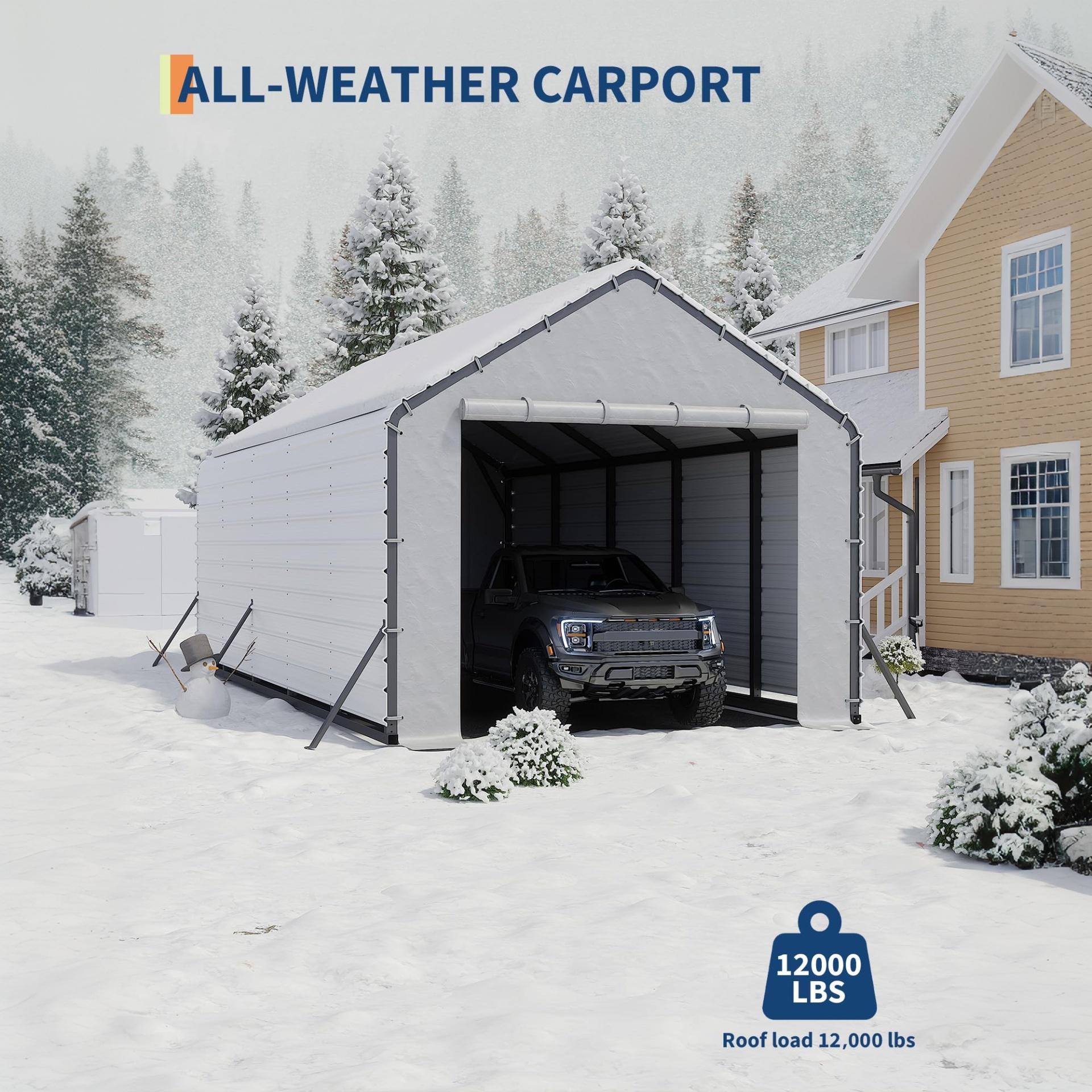 Garvee Carport Replacement Door Panel, 13 FT Wide 220 GSM Polyethylene Tarp with Zippered Door, 110° Roof Angle, UV-Resistant White End Panel for Metal Carports