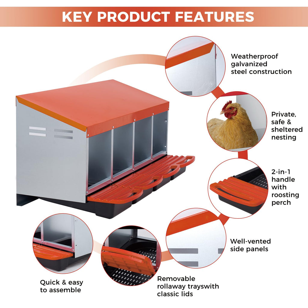 Garvee Chicken Nesting Boxes, 4 Hole Metal Wall Mount Roll Away Nest with Removable Trays and Roll Out Egg Collection for Chicken Coop
