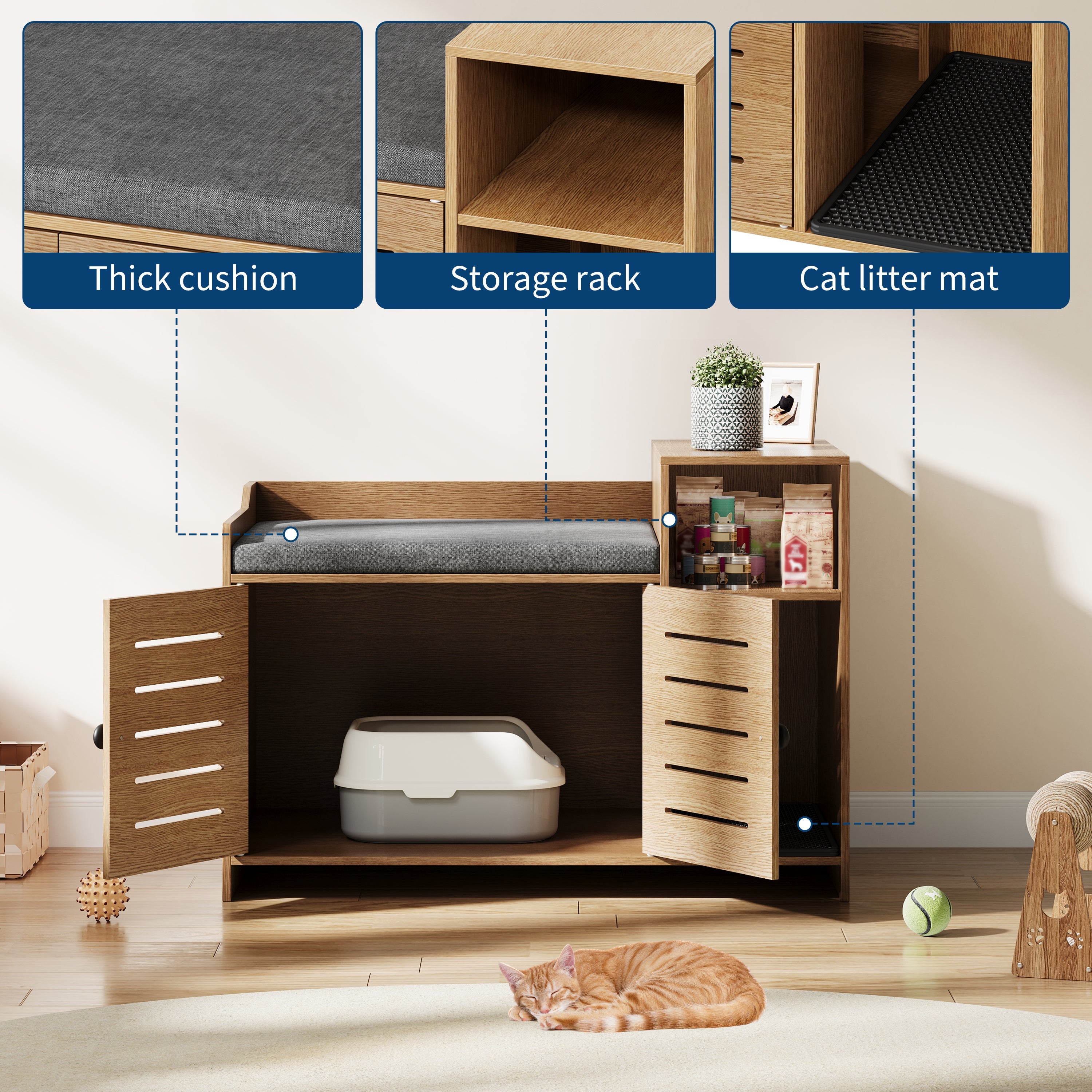 Garvee Cat Litter Box Enclosure, Hidden Litter Box Furniture with Litter Mat & Storage Shelf, Farmhouse Indoor Cat House Cabinet for Hallway, Bedroom, Oak