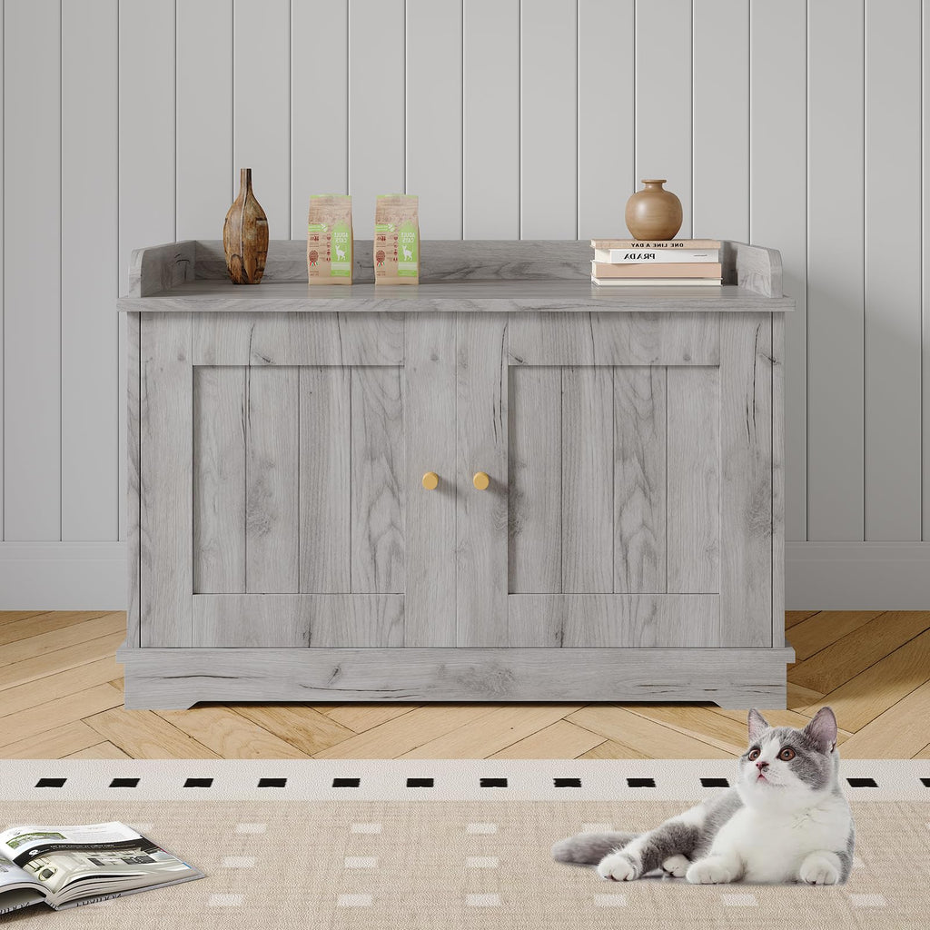 Garvee 31.5" Cat Litter Box Enclosure Furniture with Barn Door & Display Shelf, Wooden Hidden Litter Box Cover, Dog-Proof Design for Multiple Cats, Smooth Surface & Quick Clean-Up, Gray