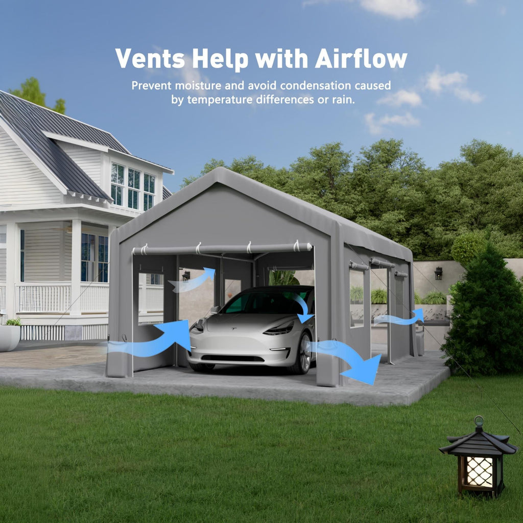 Garvee 10 x 20 FT Carport Replacement Cover Kit, 200G PE Tarp with Front & Rear Zipper Doors, 2 Roll-Up Side Openings and 4 Mesh Windows, Gray, Frame Not Included