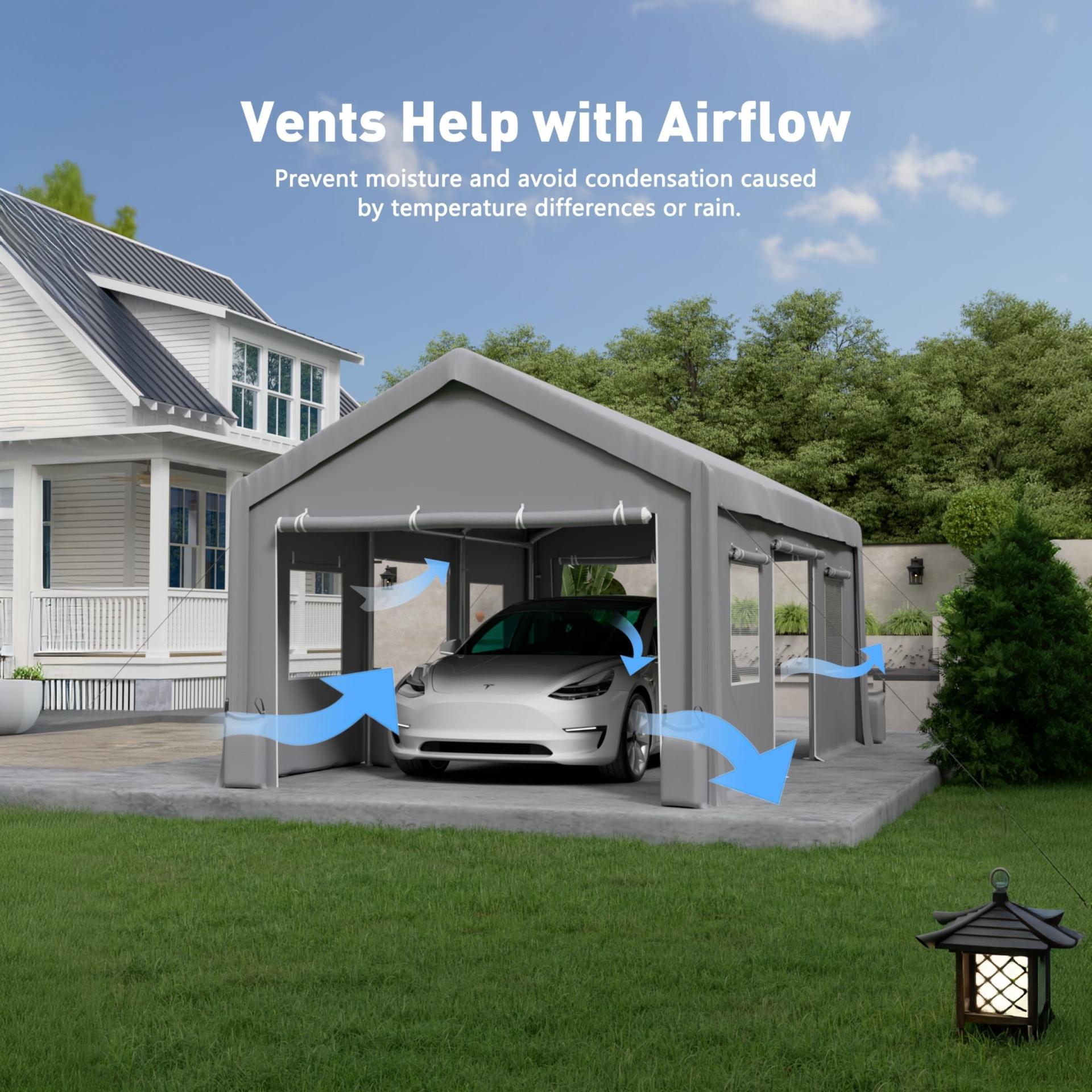 Garvee 10 x 20 FT Carport Replacement Cover Kit, 200G PE Tarp with Front & Rear Zipper Doors, 2 Roll-Up Side Openings and 4 Mesh Windows, Gray, Frame Not Included