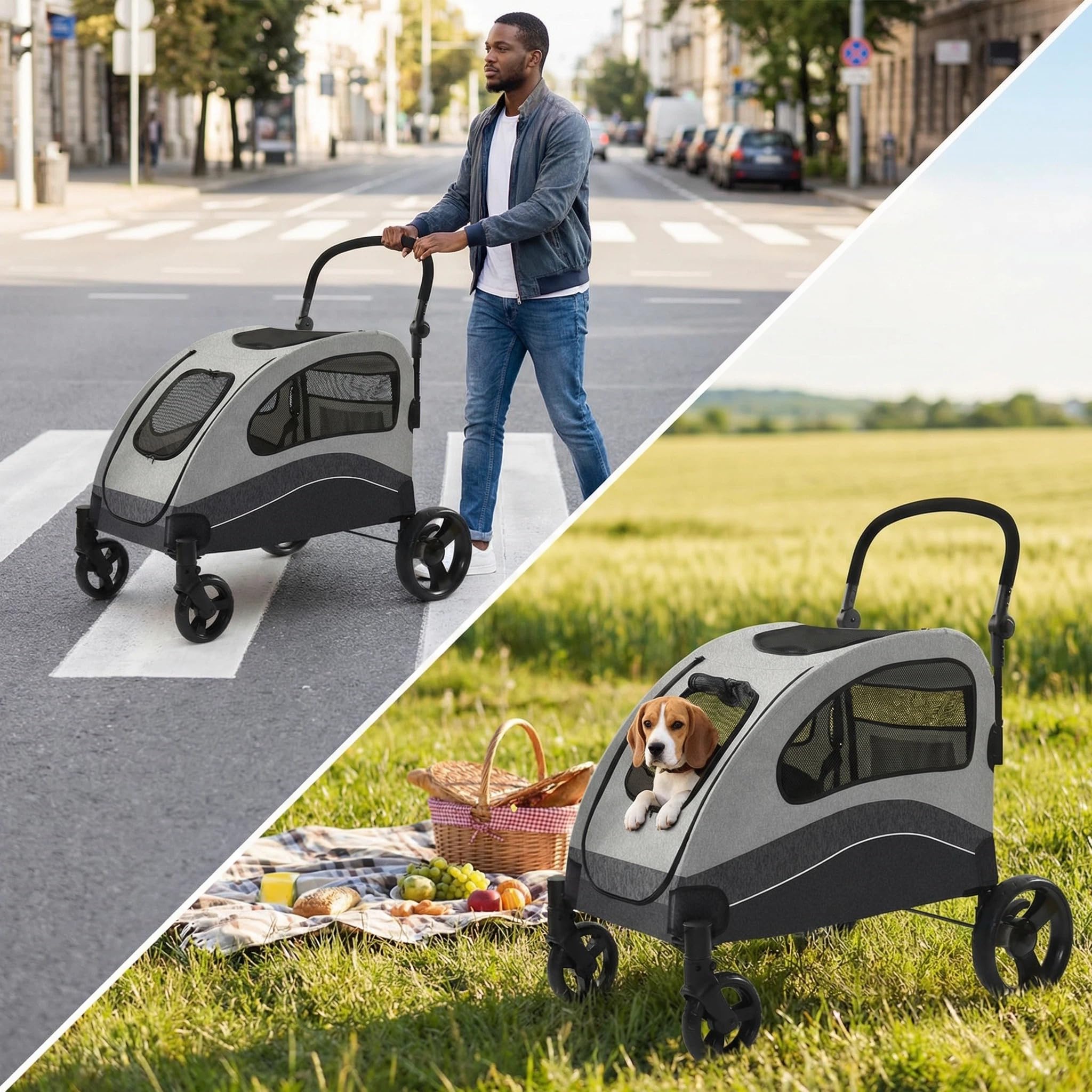 Garvee Foldable Dog Stroller, Large Dog Carrier with 360° Wheels, Adjustable Handle & Storage Pocket, Portable Puppy Travel Strollers, Pet Wagon for Large Dogs, 135 Lbs Capacity, Black