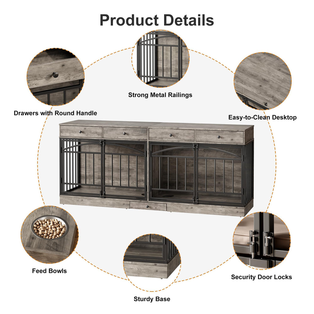 Garvee 78.7" Double Dog Crate Furniture with Storage and 4 Doors, Dog Kennel Indoor with Feeding Bowls, Wood Dog Crate TV Stand for Small Medium Dogs, Gray