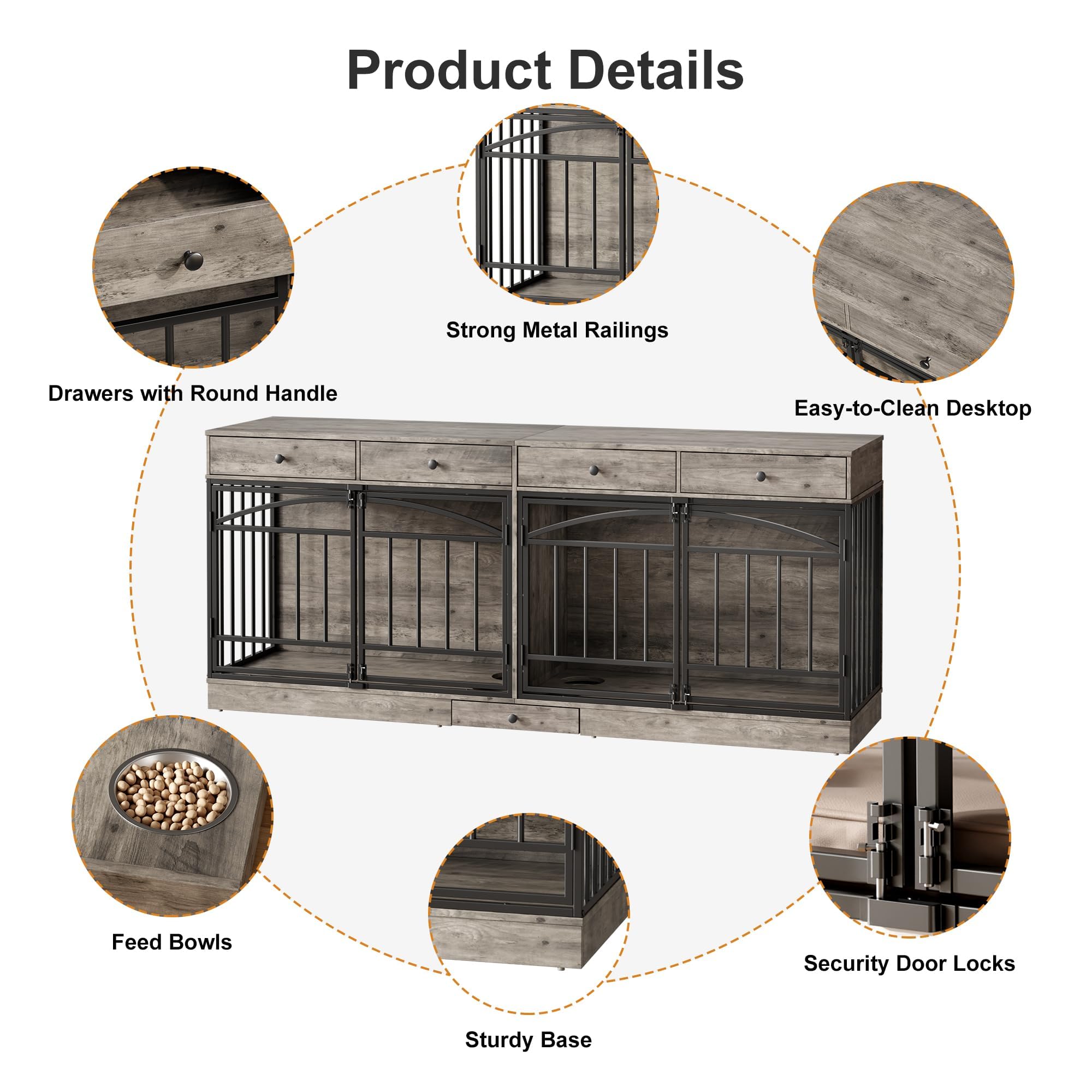 Garvee 78.7" Double Dog Crate Furniture with Storage and 4 Doors, Dog Kennel Indoor with Feeding Bowls, Wood Dog Crate TV Stand for Small Medium Dogs, Gray