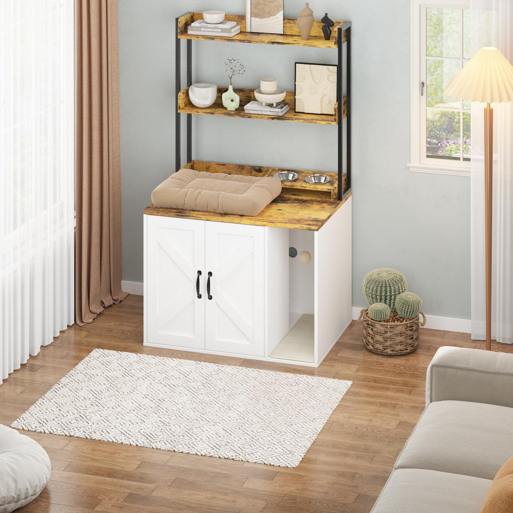 Garvee 55" H Cat Litter Box Enclosure Hidden Litter Box Furniture, Wooden Cat House with 2 Storage Shelves and Charging Sockets, Large Indoor Cabinet for Living Room Entryway, White