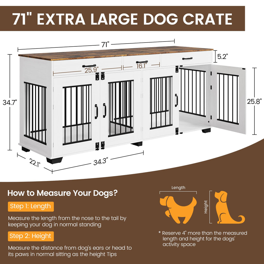 Garvee 71-Inch Large Dog Crate with Divider and 3 Drawers, Spacious Wooden Indoor Kennel, Double Doors with Locks, Brown & White, for Medium Large Dogs, Home Use