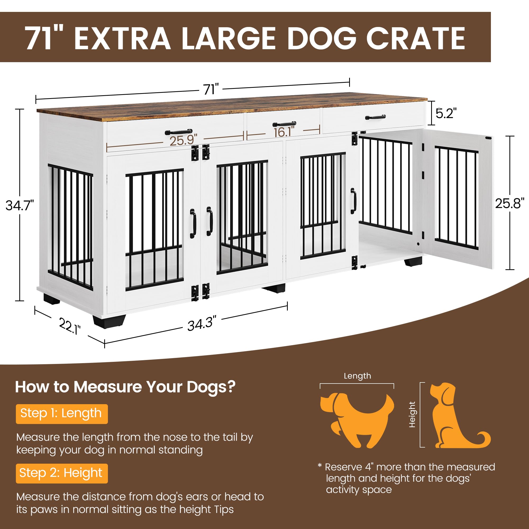 Garvee 71-Inch Large Dog Crate with Divider and 3 Drawers, Spacious Wooden Indoor Kennel, Double Doors with Locks, Brown & White, for Medium Large Dogs, Home Use