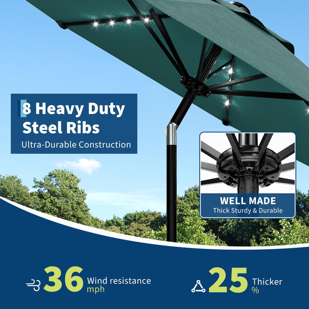 Garvee 10 FT Patio Umbrella with Solar Lights, Outdoor Table Umbrella with 8 Durable Ribs, Tilt & Crank Mechanism, Waterproof & UV Protection for Garden, Backyard, Poolside, Light Blue
