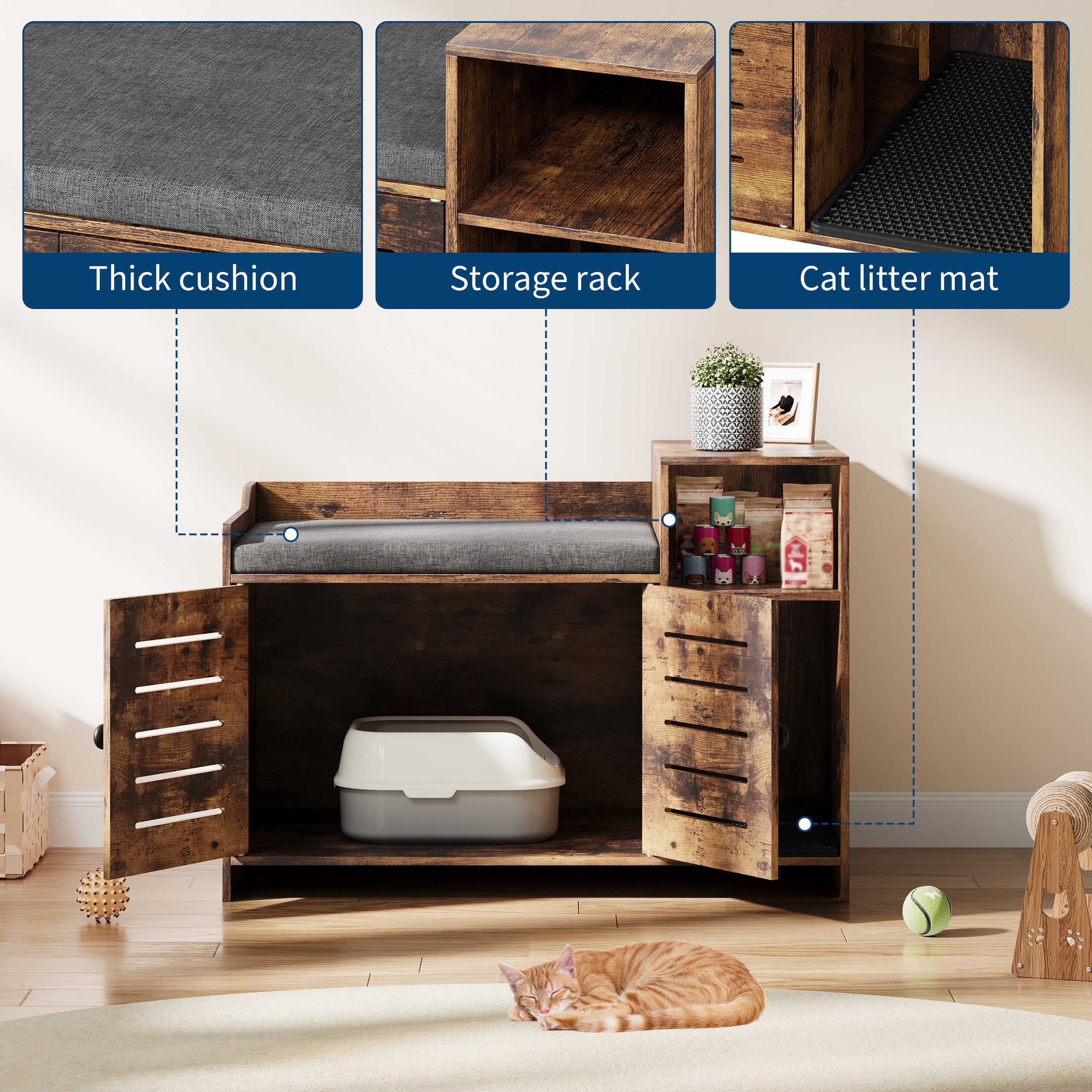 Garvee Cat Litter Box Enclosure, Hidden Litter Box Furniture with Litter Mat & Storage Shelf, Farmhouse Indoor Cat House Cabinet for Hallway, Bedroom, Brown