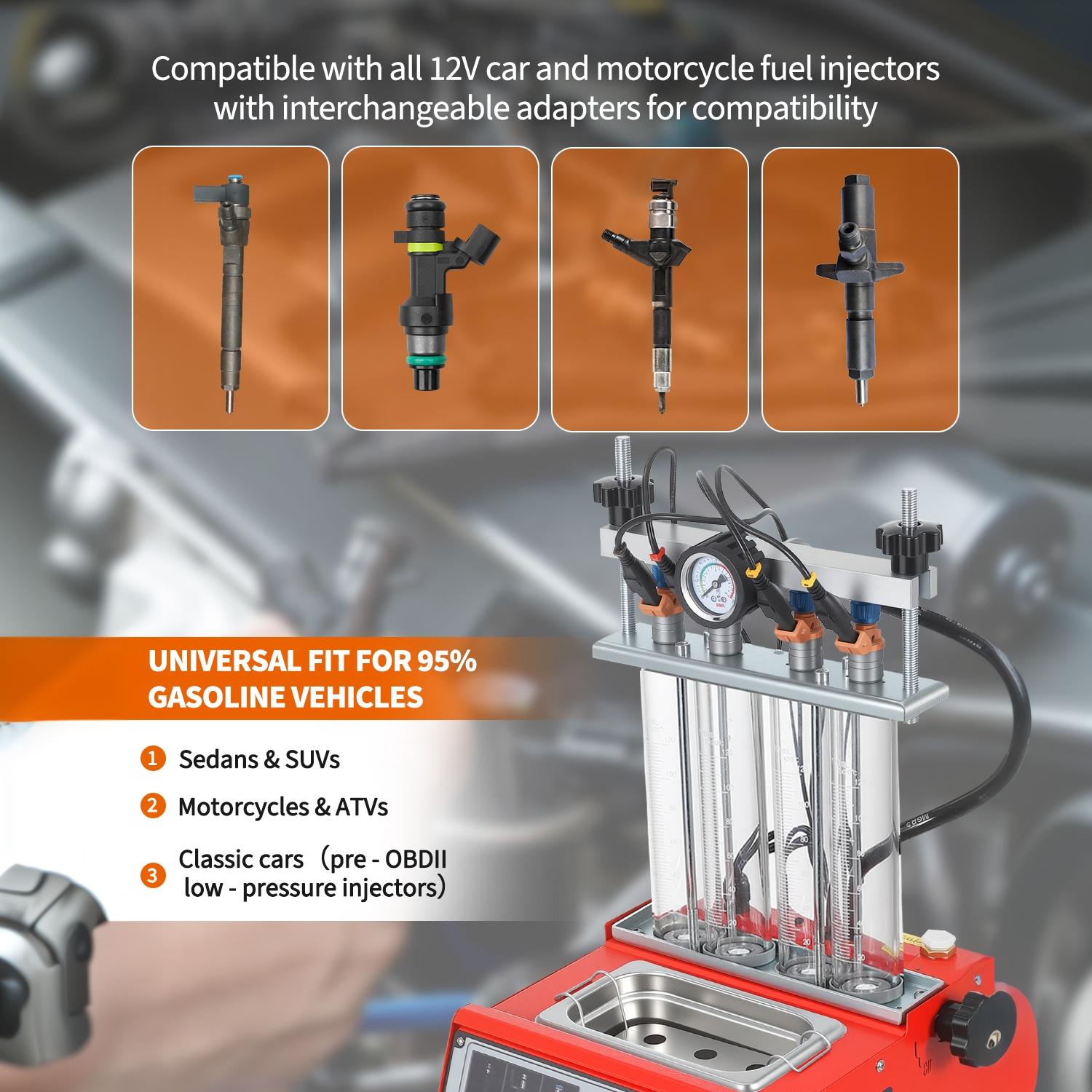Garvee Fuel Injector Tester & Cleaner, 3-in-1 100W Ultrasonic, Resistance/Flow/Pulse Test, Adjustable 0.1-25ms Pulse Width, for 4 Cylinder Gasoline Engines, Auto Repair Tool
