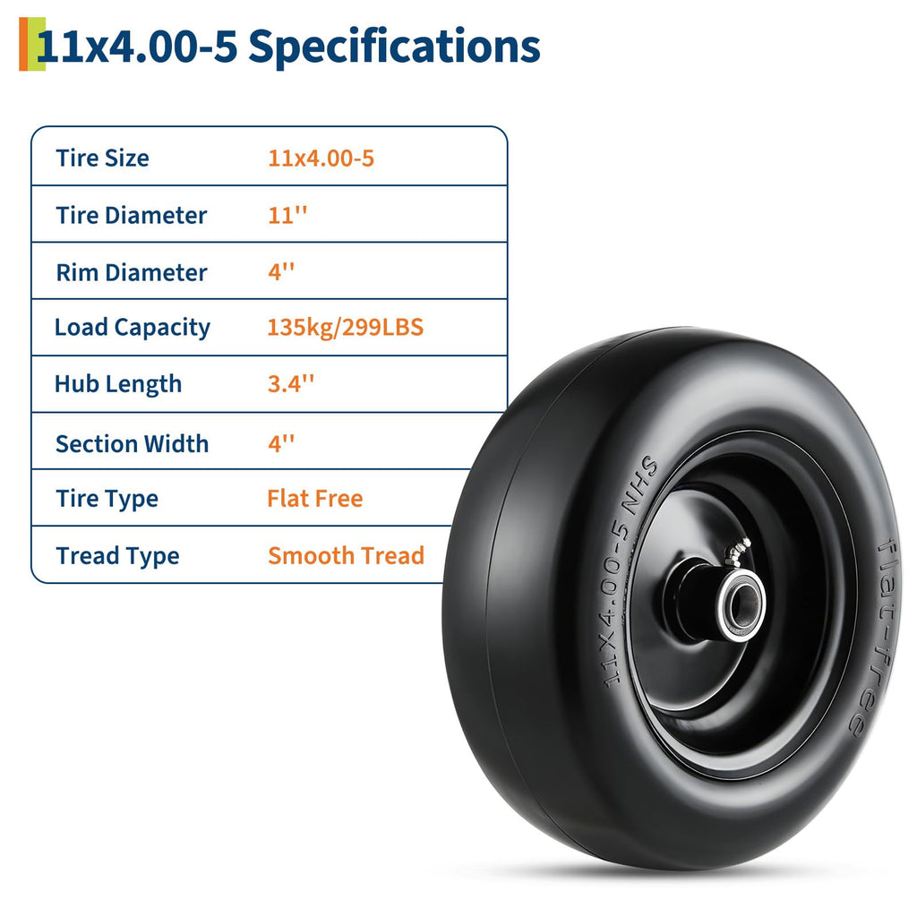 Garvee 11x4.00-5 Flat Free Lawn Mower Tire and Wheel with 3/4" Bushing, 299 LBS Capacity, PU Foam, 3.4" Hub, 5/8" 1/2" Adapter, Garden Cart Use