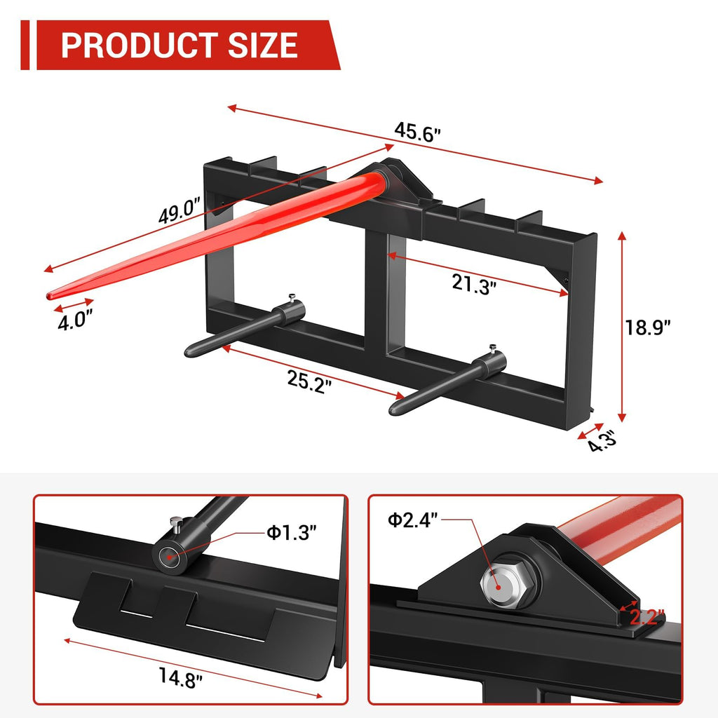 Garvee 49" Hay Bale Spear Attachment for Skid Steer & Tractor – 3000lbs Load Capacity – Quick Attach with 1 Red 49" Spear & 2 Black 17" Stabilizer Spears – Heavy Duty Bale Mover – Red Spear + 2 Black Stabilizers