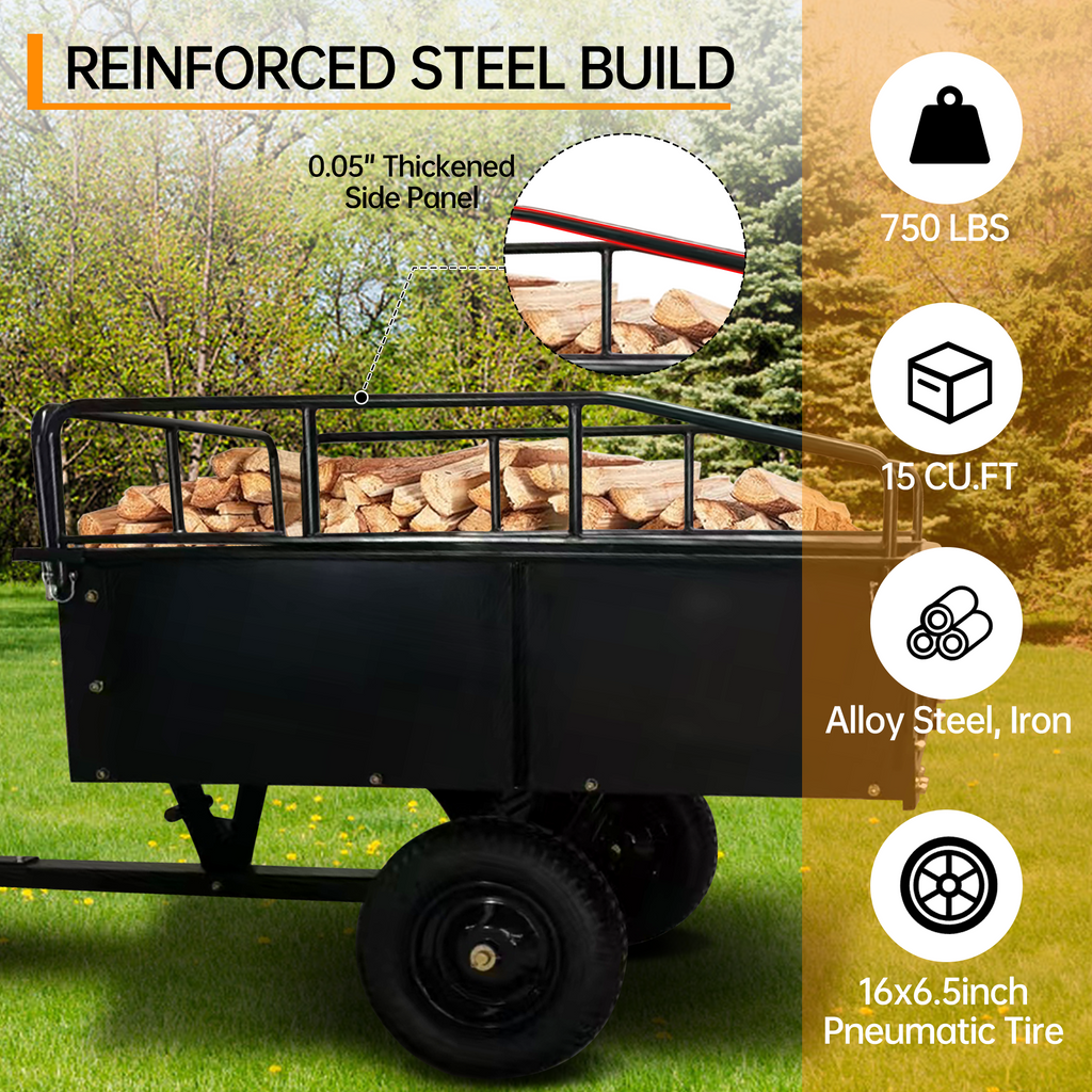 Garvee Tow-Behind Dump Cart for ATV, UTV and Lawn Tractor, 750 lbs Capacity, 15 Cu. Ft. Steel Trailer with Removable Sides and All-Terrain Tires