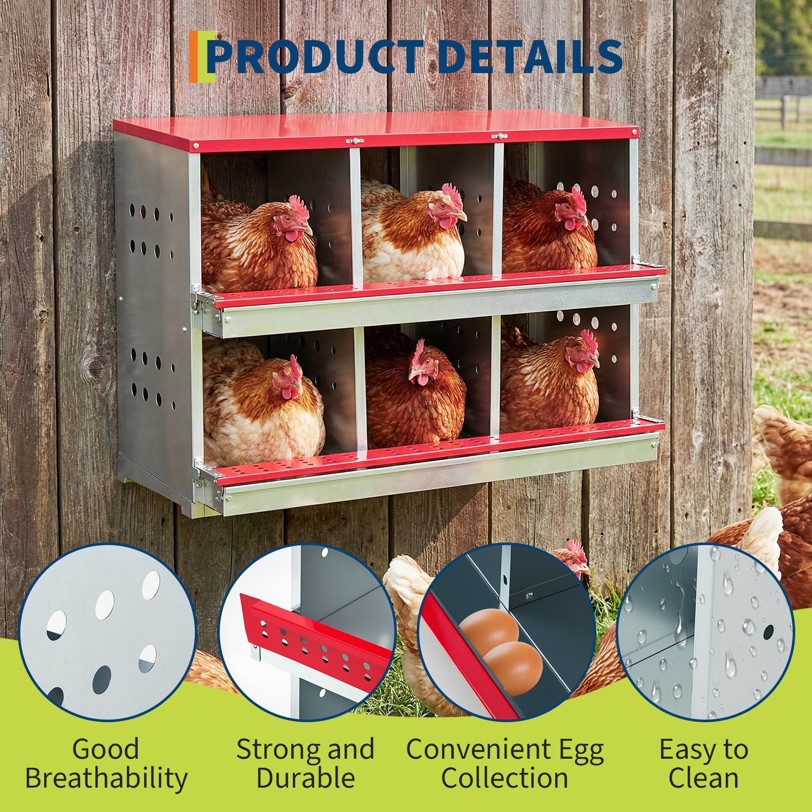 Garvee 6-Compartment Galvanized Steel Chicken Nesting Box – Rollaway Egg Collection, Turn-Over Lid, Red