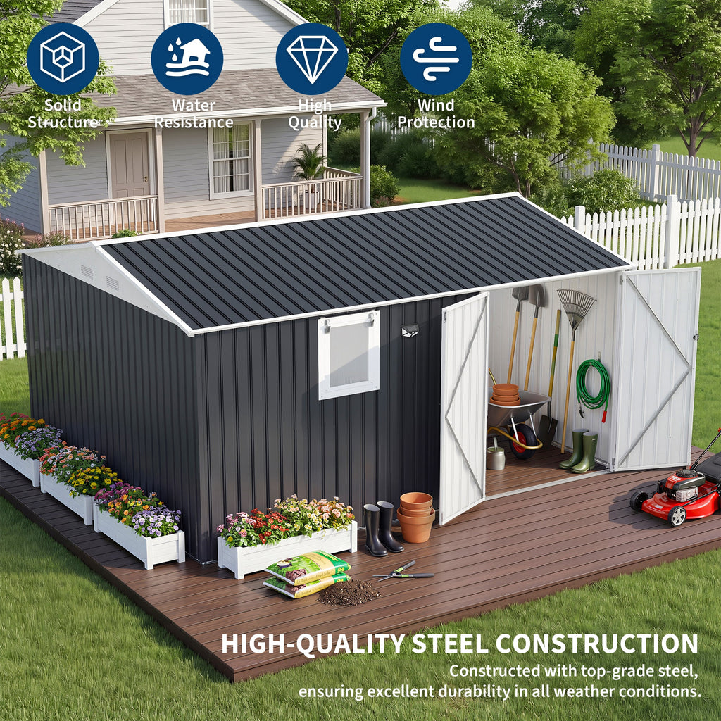 Garvee 10' x 12' Metal Outdoor Storage Shed, Reinforced Galvanized Steel Garden Shed with Lockable Double Doors, Window, Vents, Pegboard & Solar Sensor Light, Weather-Resistant Backyard Storage Unit, Black