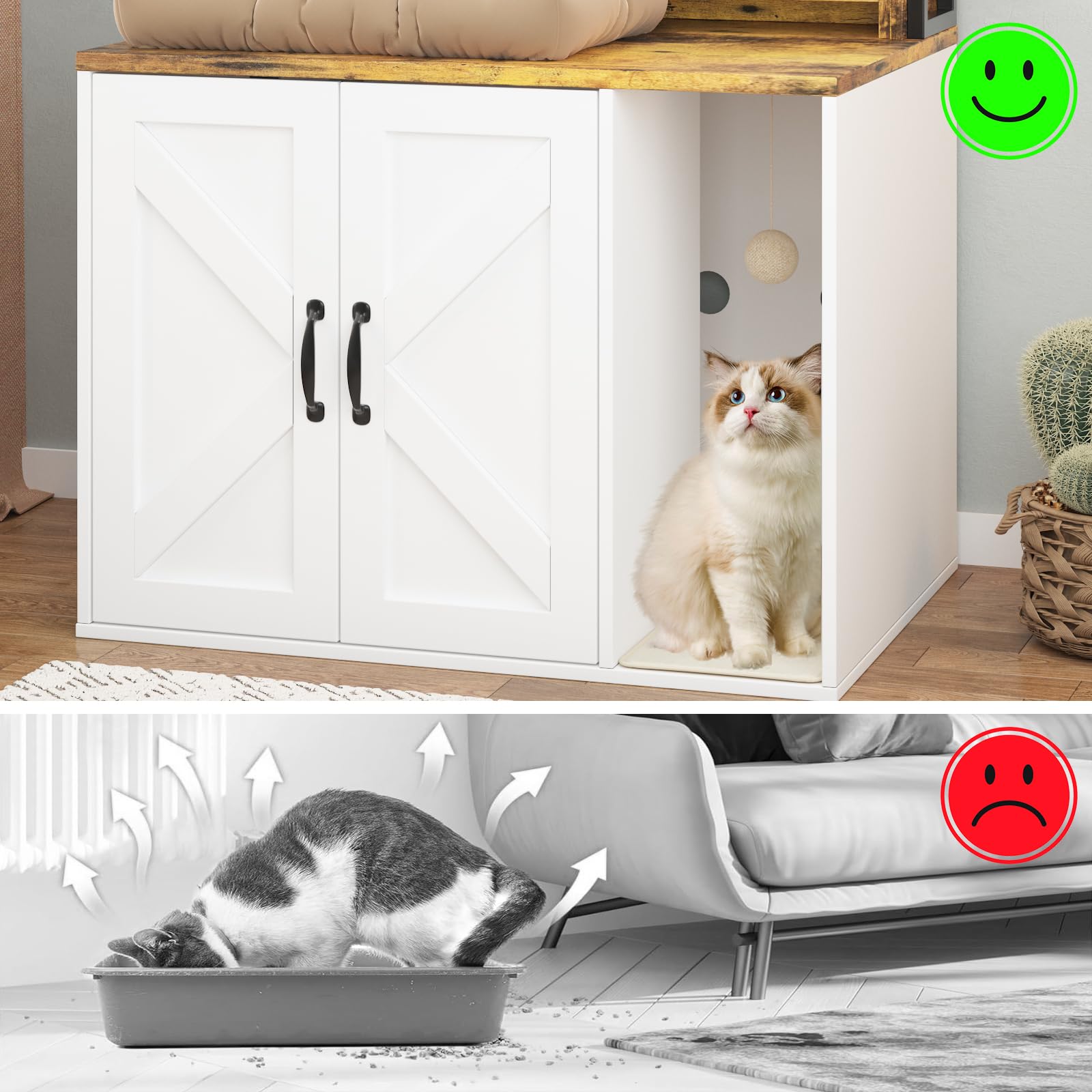 Garvee 55" H Cat Litter Box Enclosure Hidden Litter Box Furniture, Wooden Cat House with 2 Storage Shelves and Charging Sockets, Large Indoor Cabinet for Living Room Entryway, White