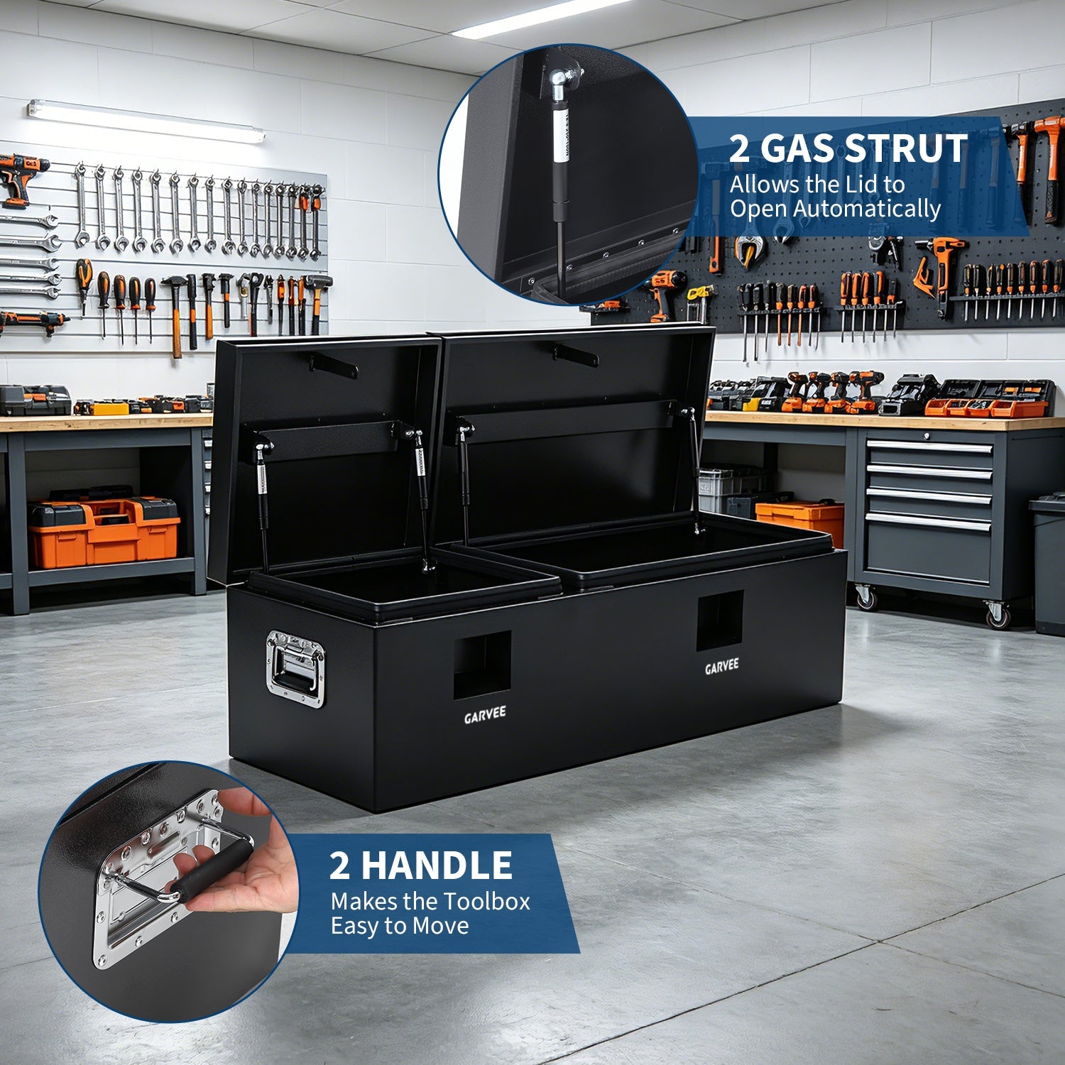 Garvee 48"X16"X14" Heavy Duty Steel Truck Bed Tool Box – Double Lid, Grooved Weatherproof Metal Chest with T-Handle & Side Handle, Durable Organizer for Pickup Truck, RV, Trailer, Front Double, Black