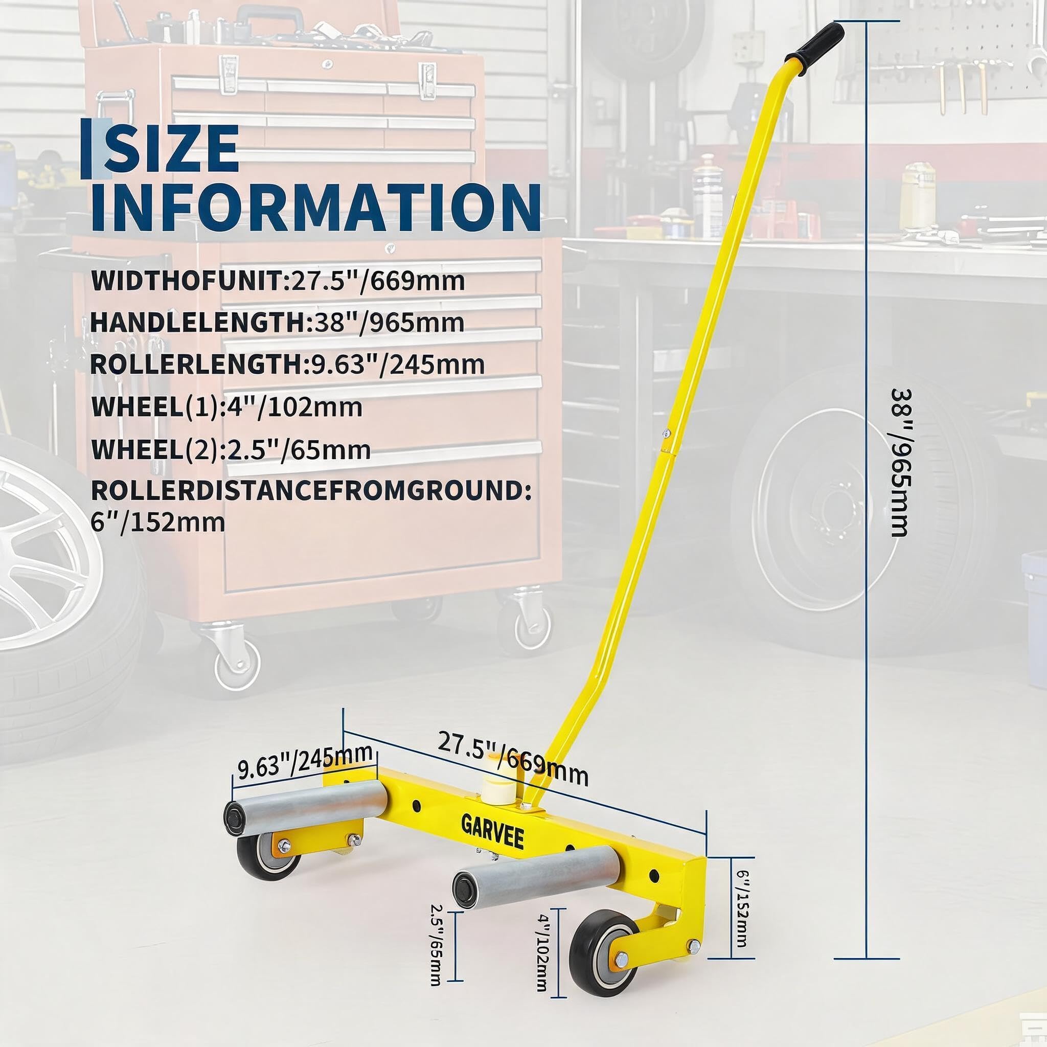 Garvee Heavy Duty Adjustable Tire Wheel Dolly – 330lbs Capacity, 23.5"-43.5" Width, 8in 360° Rollers – For Semi Truck, SUV, ATV, RV, Trailer – Industrial Tire Lifter Cart – Yellow
