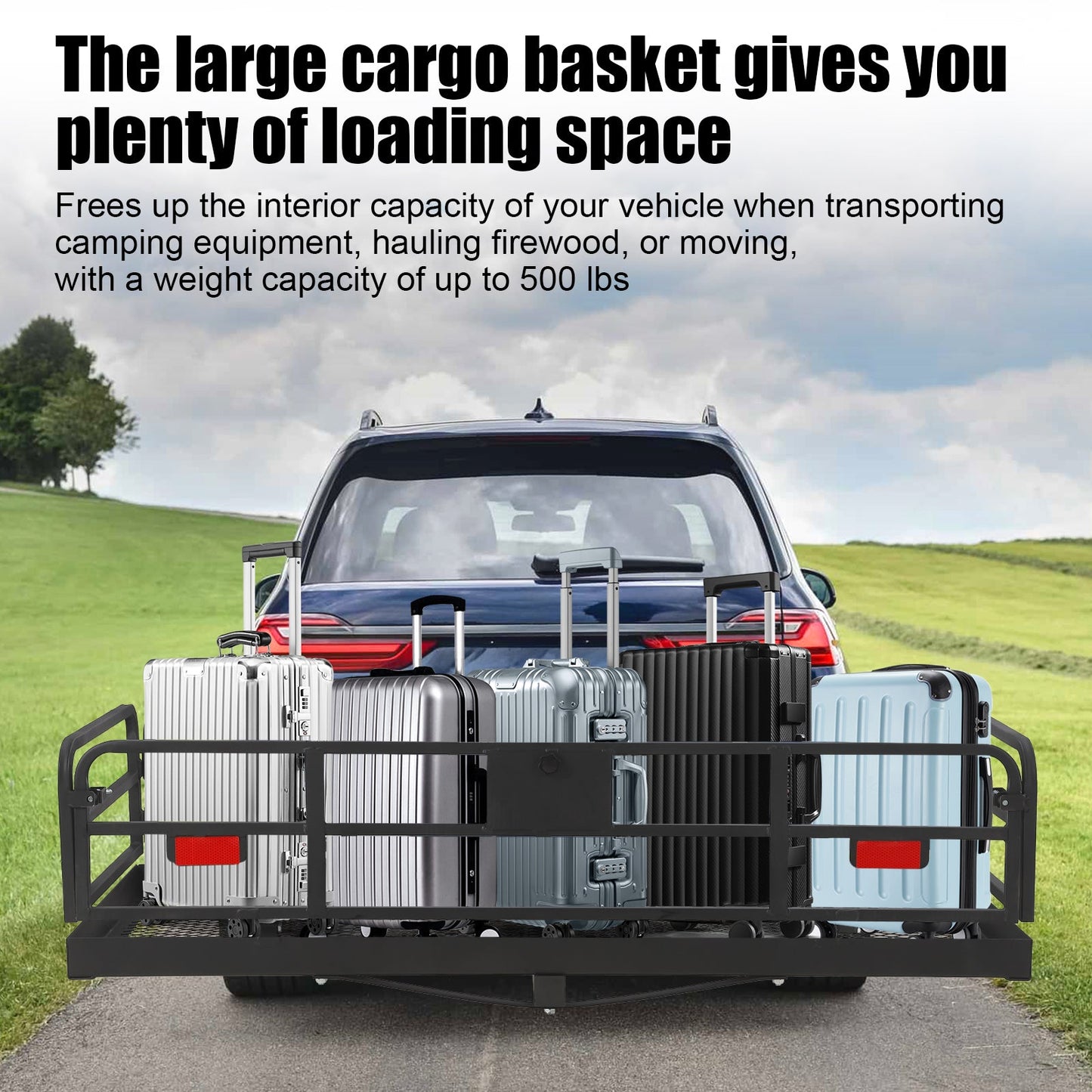 Garvee 500lbs Heavy Duty Collapsible Hitch Cargo Carrier – 60" x 24" x 14.9" Basket Rack with High Side Rails – Fits 2" Receiver for Truck, SUV, RV, Van – Ideal for Camping, Travel, Storage – Black