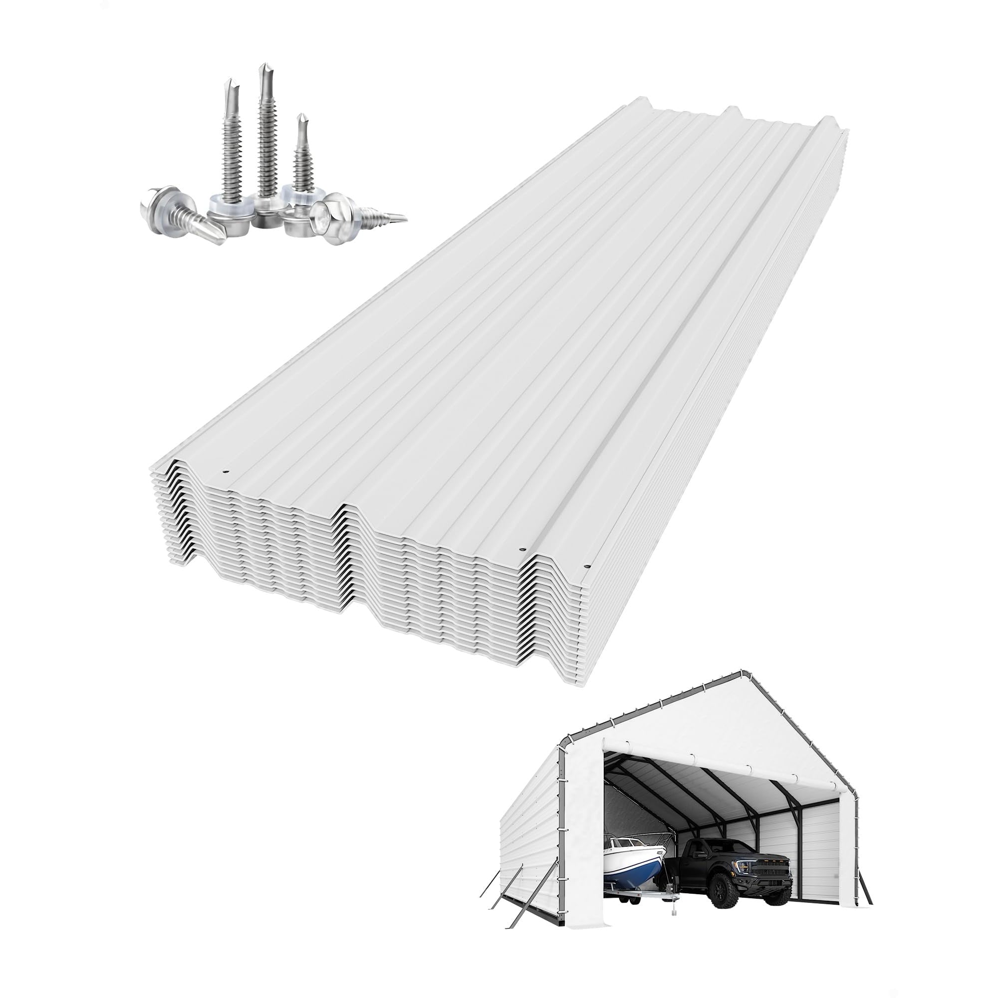 Garvee Galvanized Steel Roof Panel Kit, 16-Piece 27-Gauge Ribbed Sheets in Cream for 20 x 20 FT and 20 x 25 FT Carports, Garages and Patio Awnings