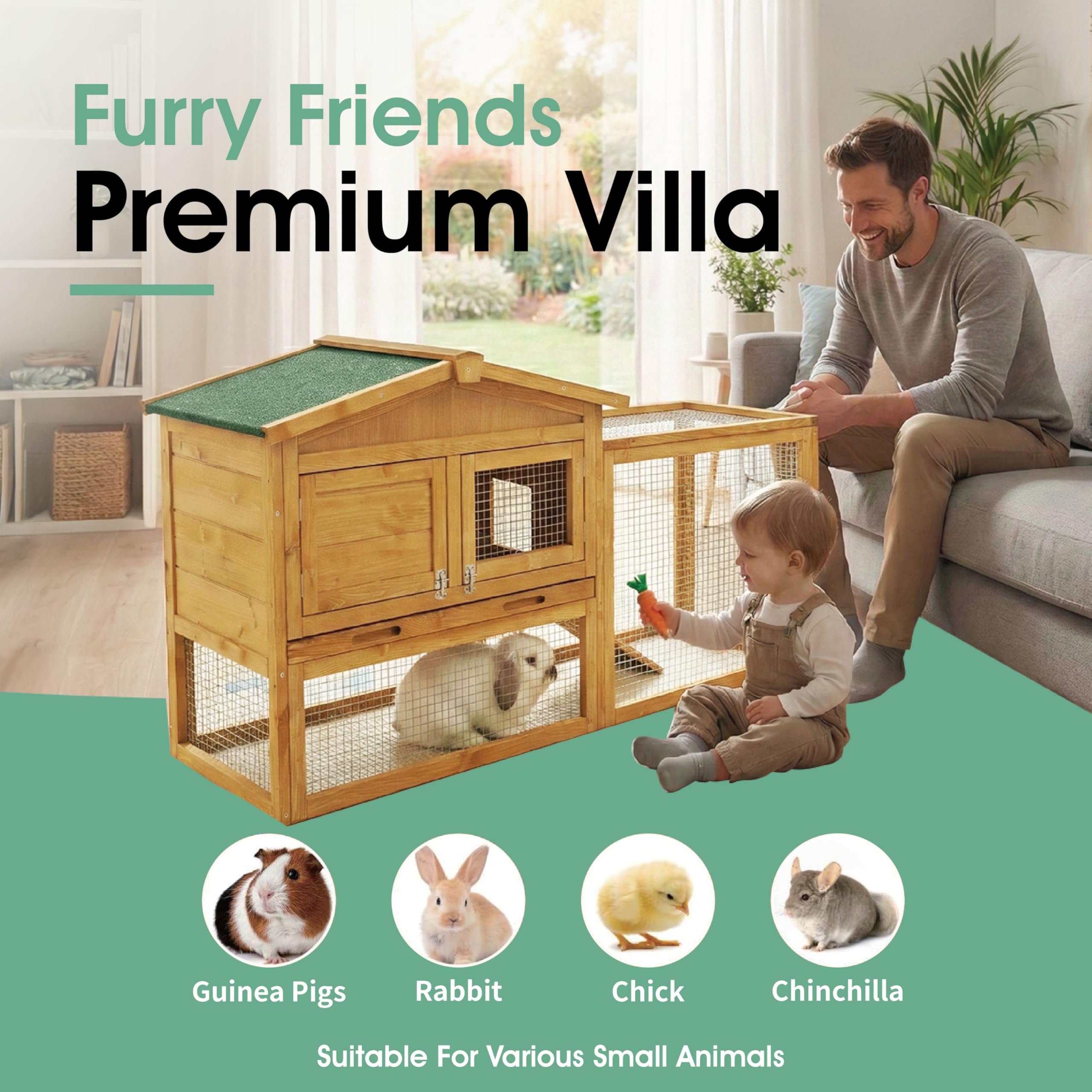 Garvee Spacious 2-Story Wooden Small Animal Cage for Rabbits, Guinea Pigs & Chickens - Weatherproof Hutch with Anti-Chew Metal Frame, Leak-Proof Removable Tray, Secure Wire Netting, Indoor & Outdoor Use, Natural Wood Color