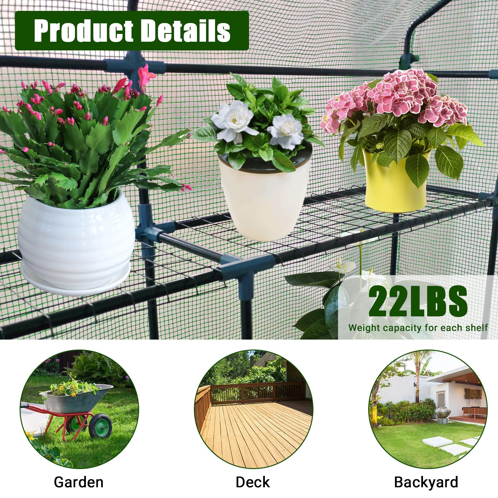 Garvee Walk-In Greenhouse 56 × 56 × 75 in, 6-Shelf Portable Green House with 140 g/m² PE Cover, Steel Frame and Roll-Up Zipper Door for Patio, Garden and Backyard, Green