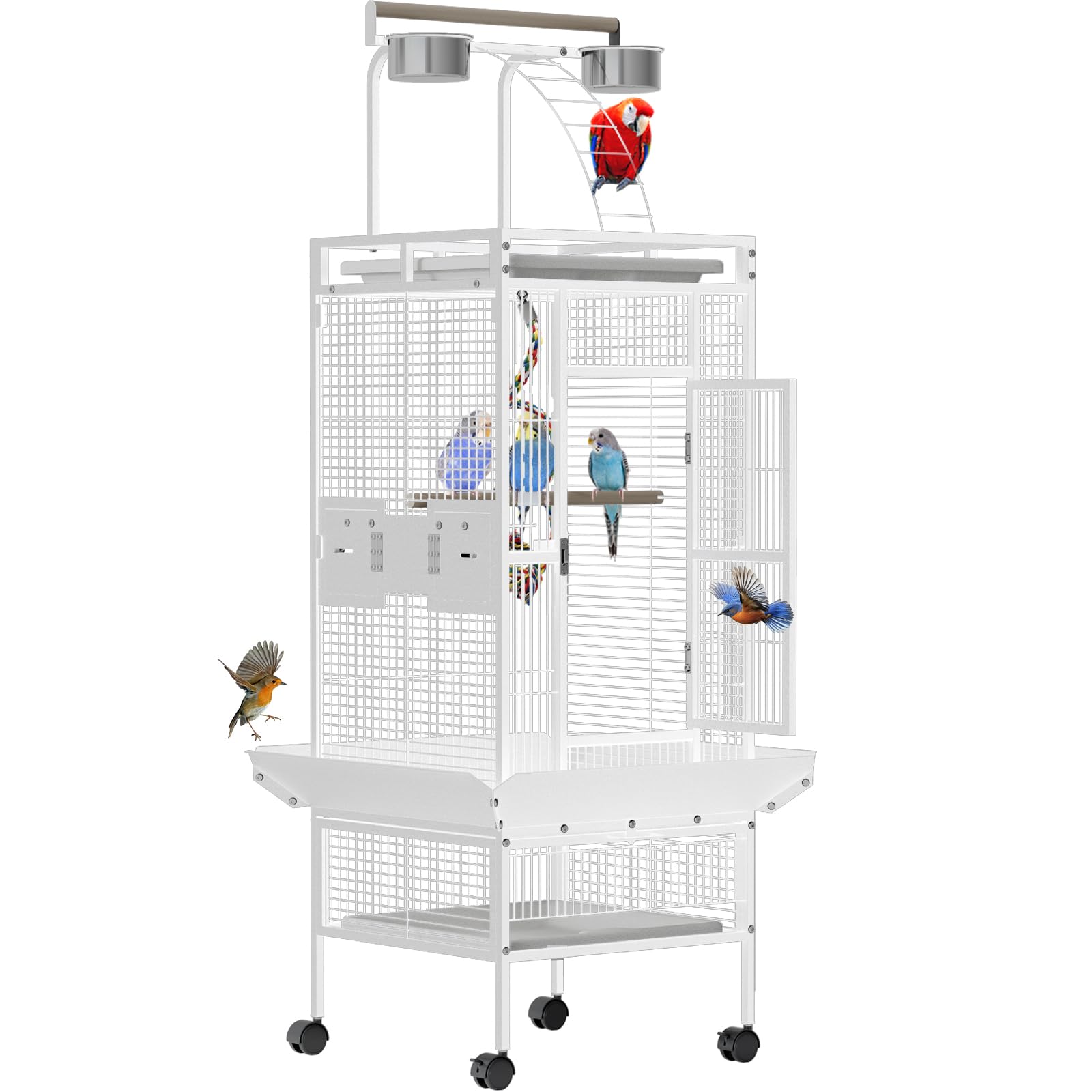 Garvee 60 Inch Wrought Iron Bird Cage with Play Top & Rolling Stand - 4 Stainless Steel Bowls, Secure Lock, Easy-Clean Tray - Spacious Metal Parrot Cage for African Grey, Cockatiel, Conure, Budgie, Lovebird - White