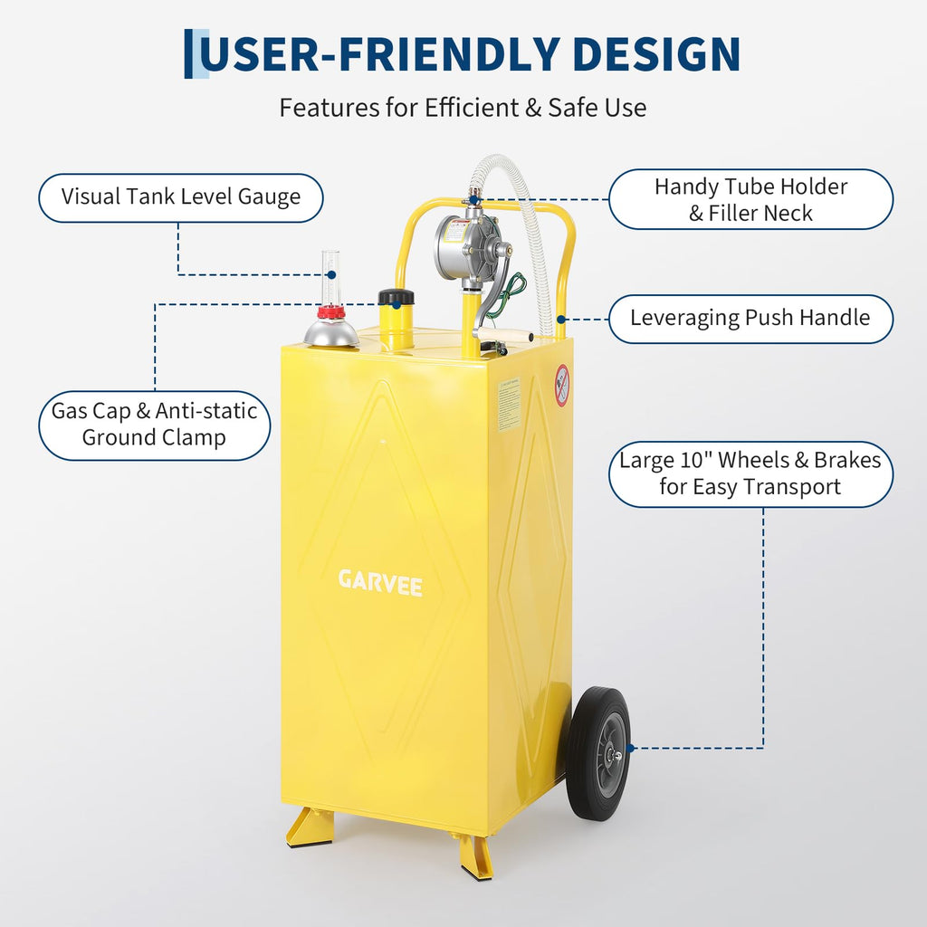 Garvee 35 Gallon Portable Fuel Gas Caddy – Manual Rotary Pump, Wheels, Fuel Hose, Level Gauge, Wide Fill Neck – Mobile Gasoline/Fuel Transfer Tank for ATV, Tractor, Mower, Car, Boat – Reinforced 2-wheel, 2-support version - Yellow - Ma Hailin