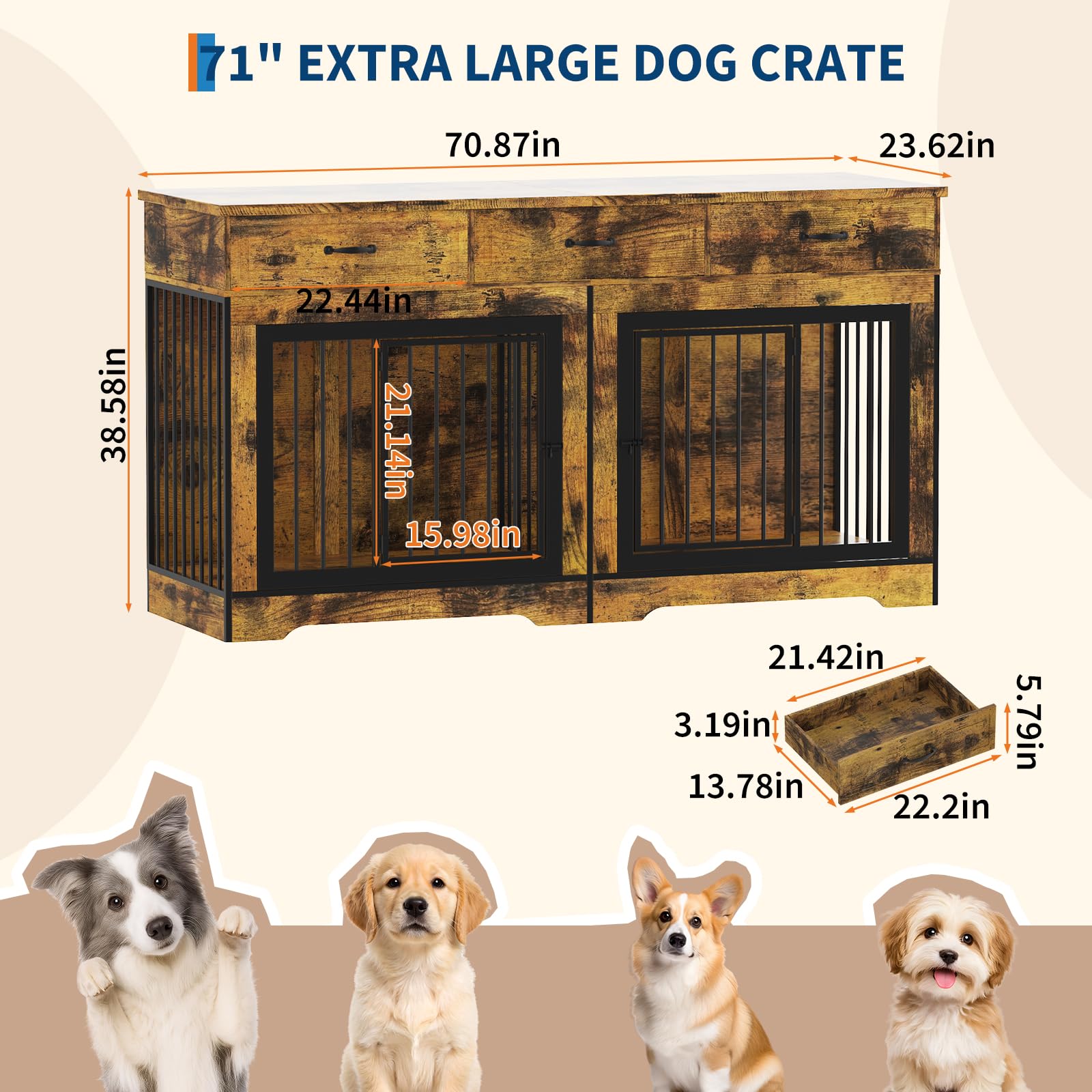 Garvee 71" Dog Crate Furniture for 2 Dogs, Heavy Duty Double Dog Kennel with 3 Drawers, Extra Large Furniture Style Indoor Dog Crate Table TV Stand  for Medium/Large Dogs, Brown