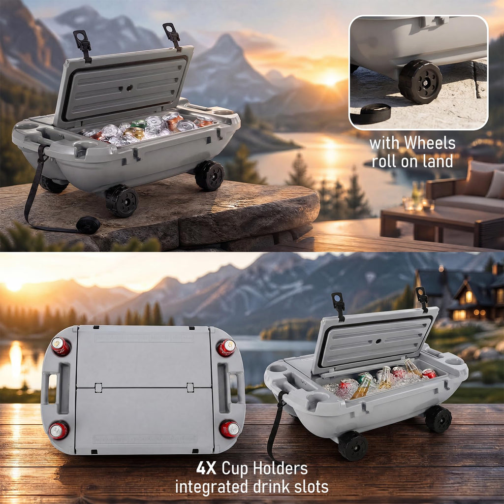Garvee 40L Floating Cooler with Wheels, 42.5QT Rotomolded All-Terrain Ice Chest with Tow Rope & 4 Cup Holders, Drift Mobile Beverage Cooler for River, Pool, Beach, Kayak, Cool Gray