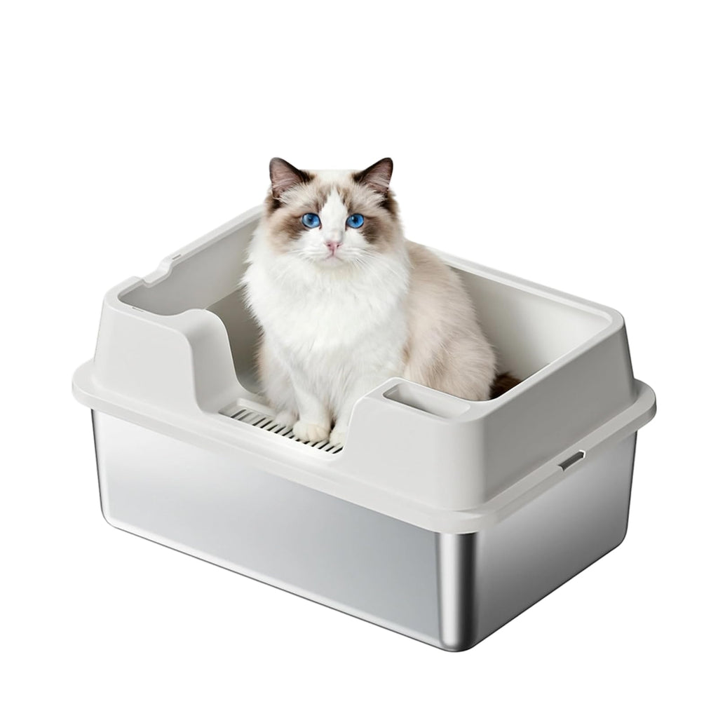 Garvee High Sided Stainless Steel Cat Litter Box - Extra Large, Leak-Proof, Odor Resistant, Non-Stick, Easy Clean, Semi-Enclosed, Durable Metal Litter Pan - 60x40x27cm, White