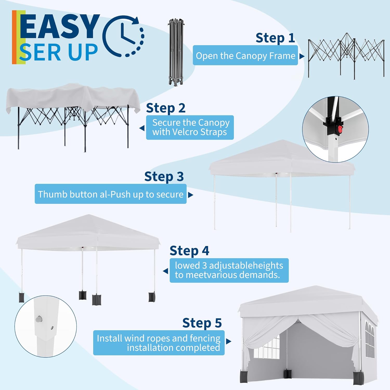 Garvee 10' × 10' Pop Up Canopy Tent with 4 Removable Sidewalls, UPF 50+ Outdoor Shelter with 3 Height Settings, Steel Frame, Carry Bag, Stakes, Ropes and Sandbags, White