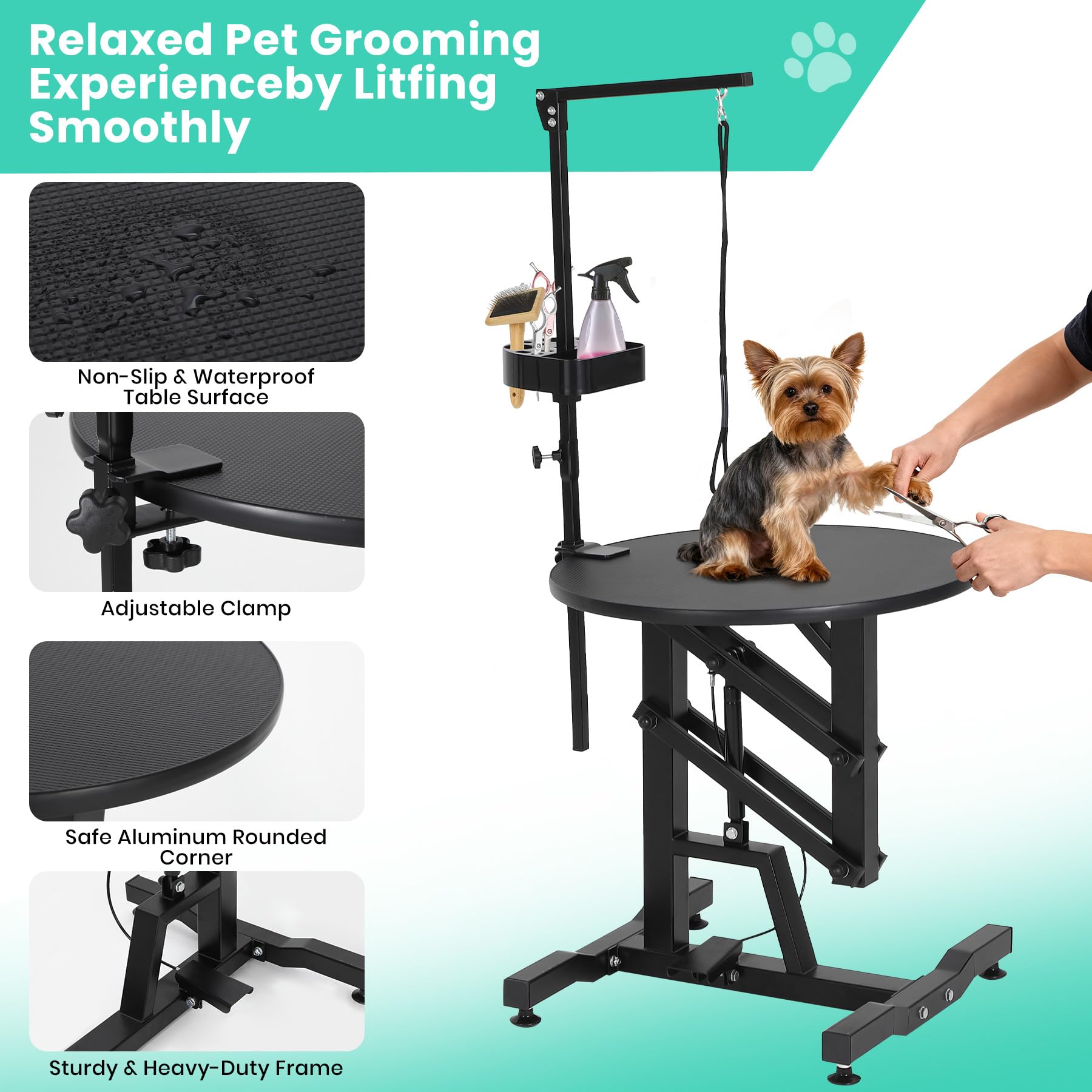 Garvee 24“ Hydraulic Lift Pet Grooming Table, Adjustable Cat Drying Rotating Desktop - Foldable, Adjustable Arm, Portable, Non-Slip Dog Grooming Table for Dogs at Home, Capacity 250 LBS