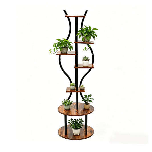 Garvee 57-Inch 7-Tier Plant Stand, Tall Metal Corner Plant Shelf with Wood-Look Shelves, Adjustable Feet and Anti-Tip Straps for Living Room, Balcony and Covered Patio, Black/Wood
