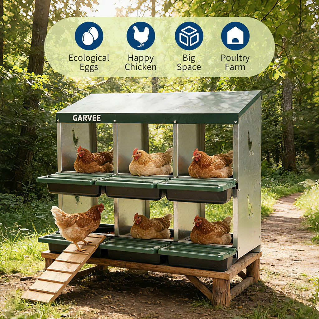 Garvee 6-Compartment Metal Chicken Nesting Box, Roll Away Poultry Laying Box with Sloped Anti-Perch Roof, 31.3"x12.8"x30.9", Green
