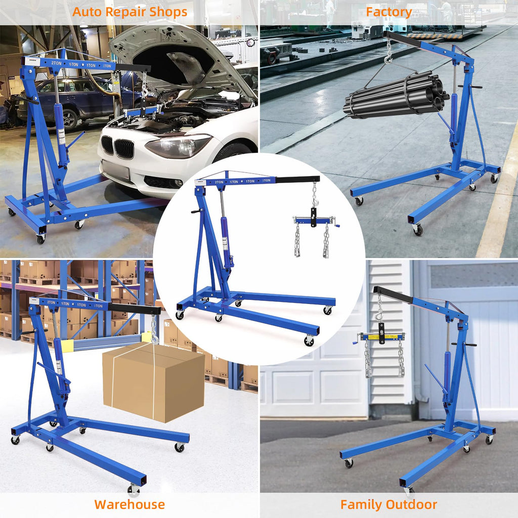 Garvee Engine Hoist 2 Ton Heavy Duty Folding Hydraulic Lift with Telescopic Boom, 6 Iron Casters, Carbon Steel, Lever, Blue - Workshop & Garage Use