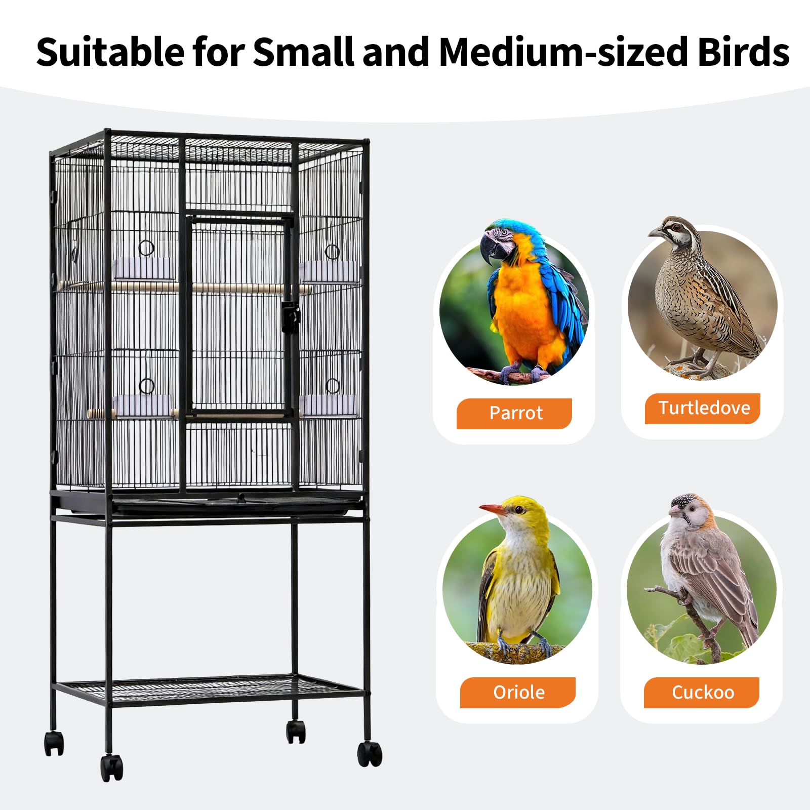 Garvee 54" Large Bird Cage, Parrot Bird Cage with Rolling Stand & Storage Shelf, Heavy Duty Wrought Iron Flight Cage, Secure Lock, Ideal for Parakeets, Parrots, Cockatiels, Conures, Lovebirds