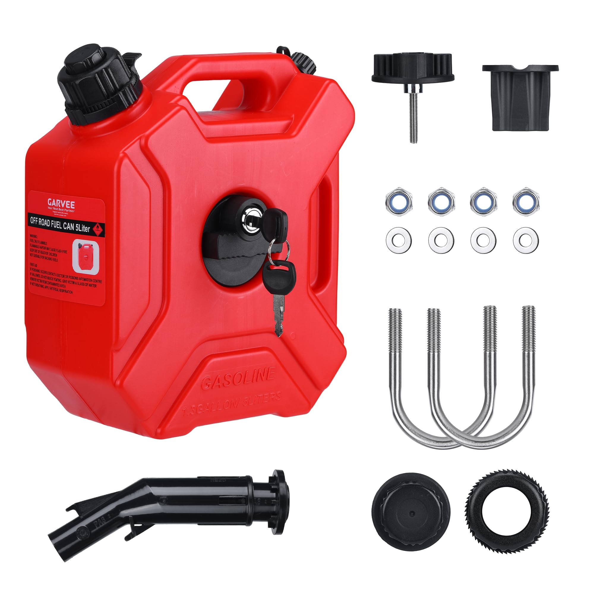 Garvee Secure 5L Portable Gas Can with Locking Mounting Bracket – Heavy-Duty HDPE Fuel Tank for Motorcycle, ATV, UTV, Off-Road – Includes Key Lock, U-Bolt for 1" Tube – US Market, Lockable