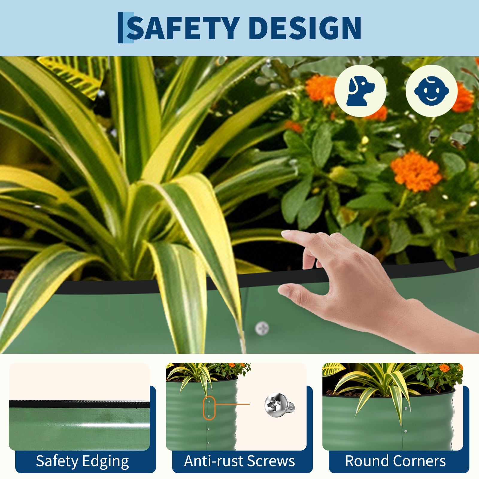 Garvee 8' × 4' × 2' Galvanized Steel Raised Garden Bed, 24-Inch Deep Oval Planter with Open Bottom, Safety Edging & Support Bars, Green