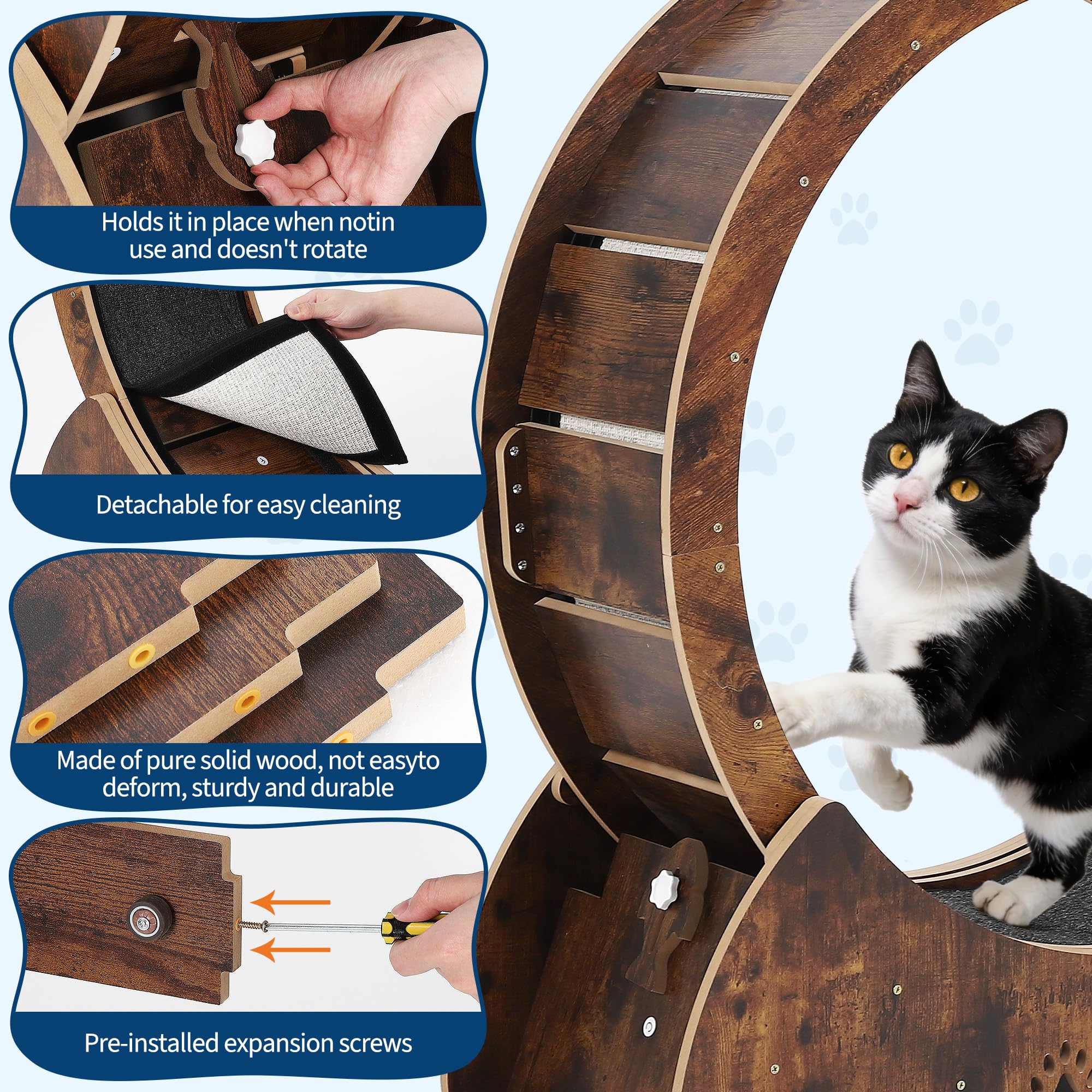 Garvee Low Noise Wooden Cat Exercise Wheel, 34" Indoor Cat Running and Training with Carpeted Removable Treadmill, Quiet TPE Rollers, Smooth Performance, Safety Lock for Cats Fitness