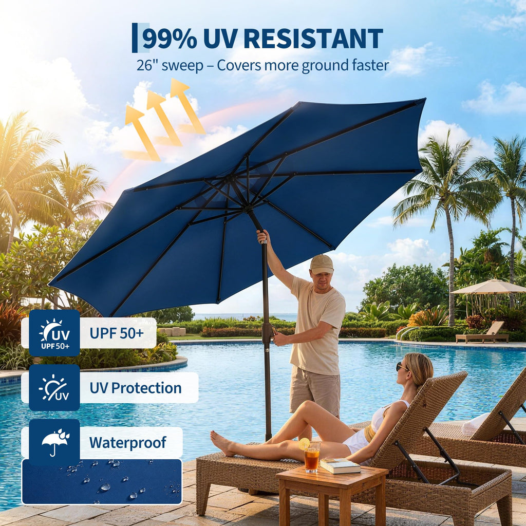 Garvee 9 FT Solar LED Patio Umbrella, Outdoor Market Table Umbrella with Tilt & Crank, 32 Lights, 8 Iron Ribs, UV Sun Shade for Garden, Deck & Pool, Navy Blue