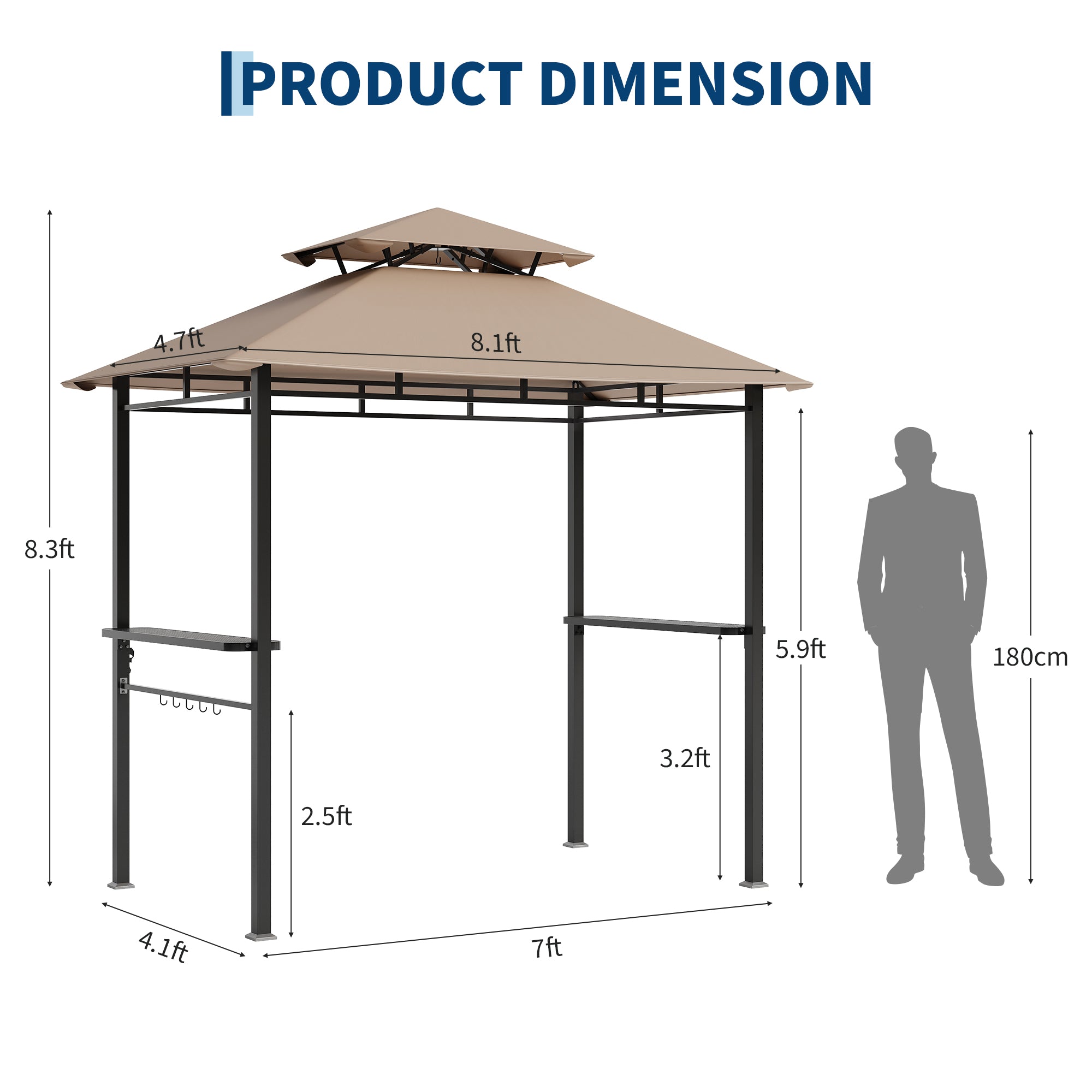 Garvee 8' x 5' Double-Tier Grill Gazebo, Waterproof BBQ Canopy Shelter with Vented Roof, 2 Side Shelves, 5 Hooks, Bottle Opener & UPF 100 UV Protection, Heavy-Duty Outdoor Patio Pavilion, Khaki