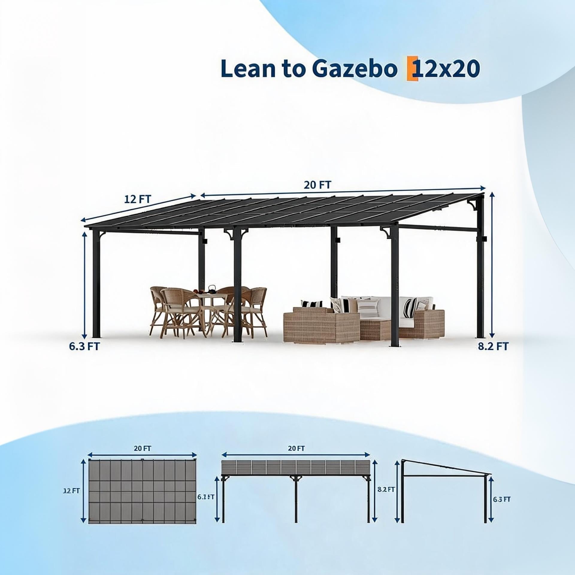 Garvee 12 x 20 ft Wall-Mounted Hardtop Gazebo, Lean-to Pergola with 6 mm UV-Resistant Polycarbonate Roof, Reinforced Aluminum Frame & Steel Columns for Patio, Deck & Backyard