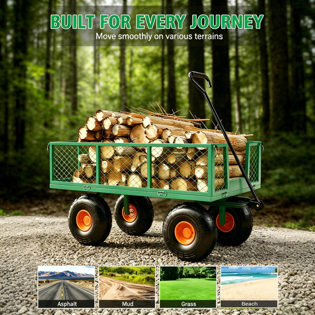 Garvee Green & Orange Steel Garden Cart Wagon, 500 lbs Utility Yard Trolley with Removable Mesh Sides, 10" Wheels & 180° Handle for Lawn Garden Transport